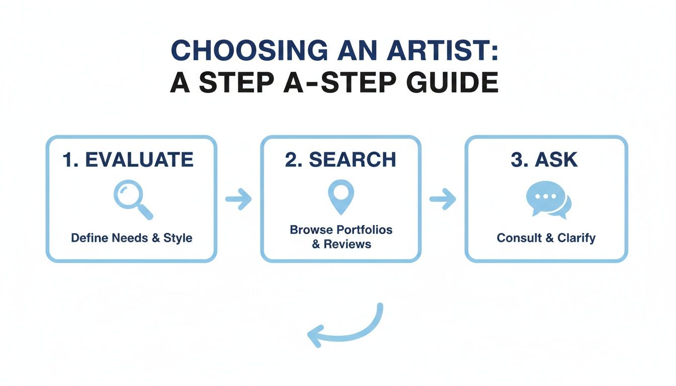 A step-by-step guide on choosing an artist: evaluate needs, search portfolios, and ask questions.