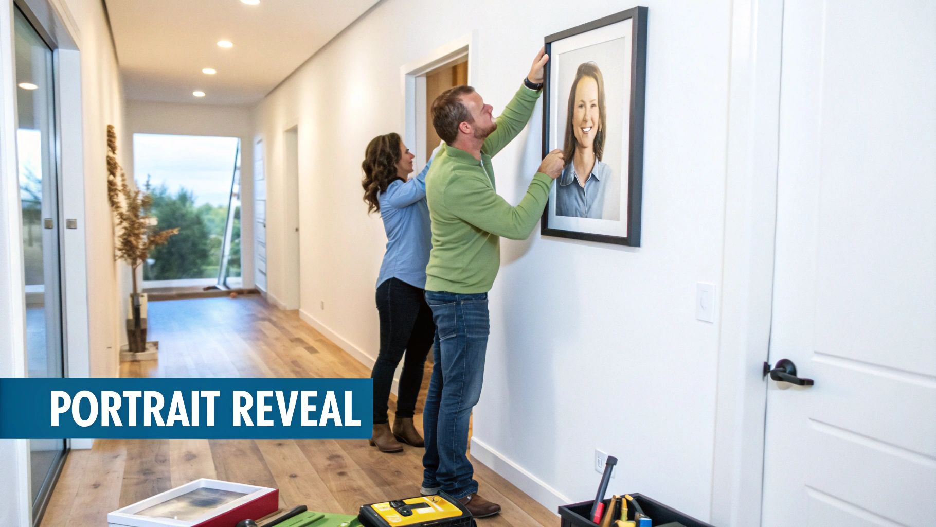 A happy couple hangs a framed portrait of a smiling woman in a modern hallway.