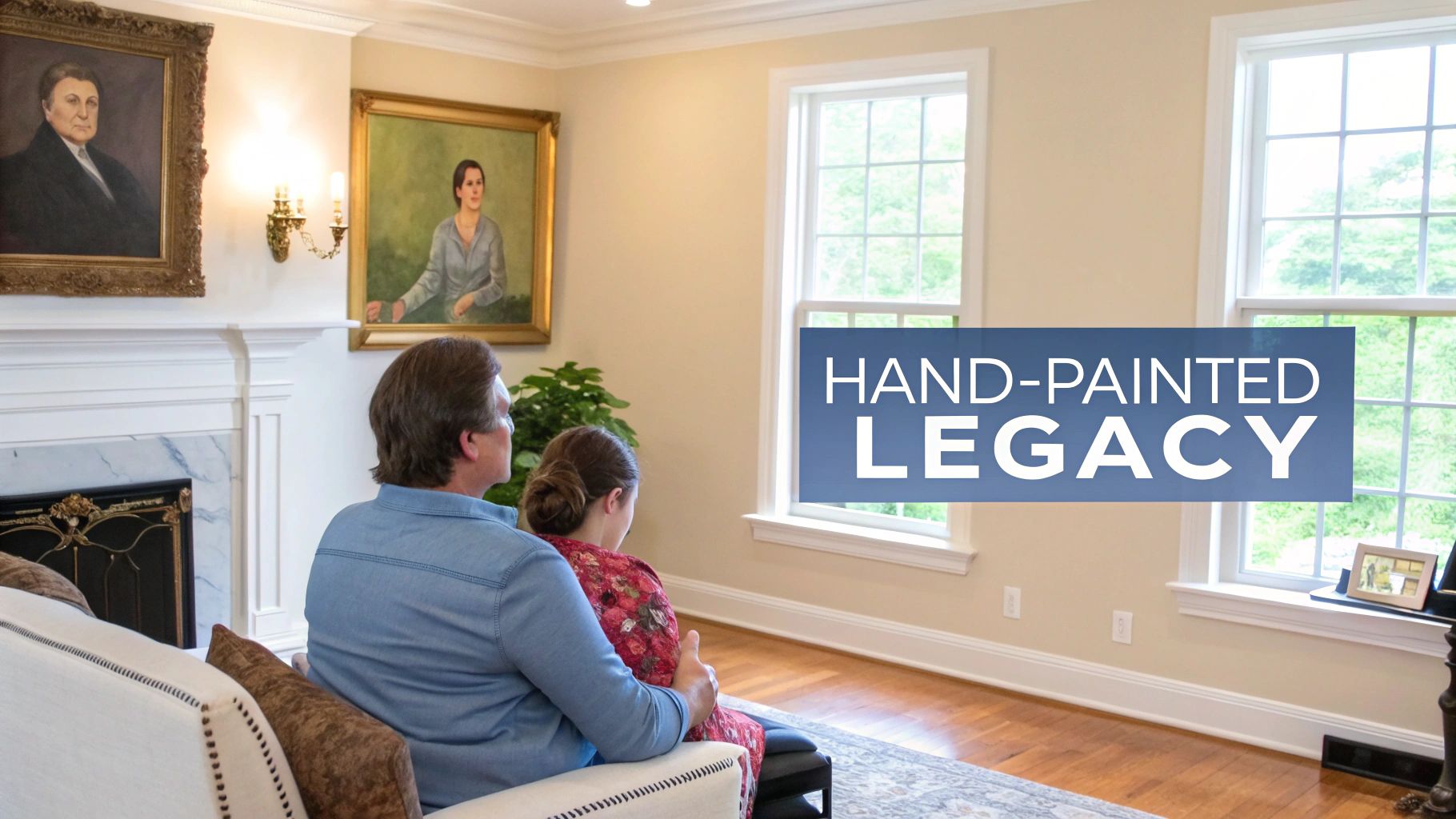 A couple sits on a couch, admiring hand-painted portraits on the wall above a fireplace in their home.