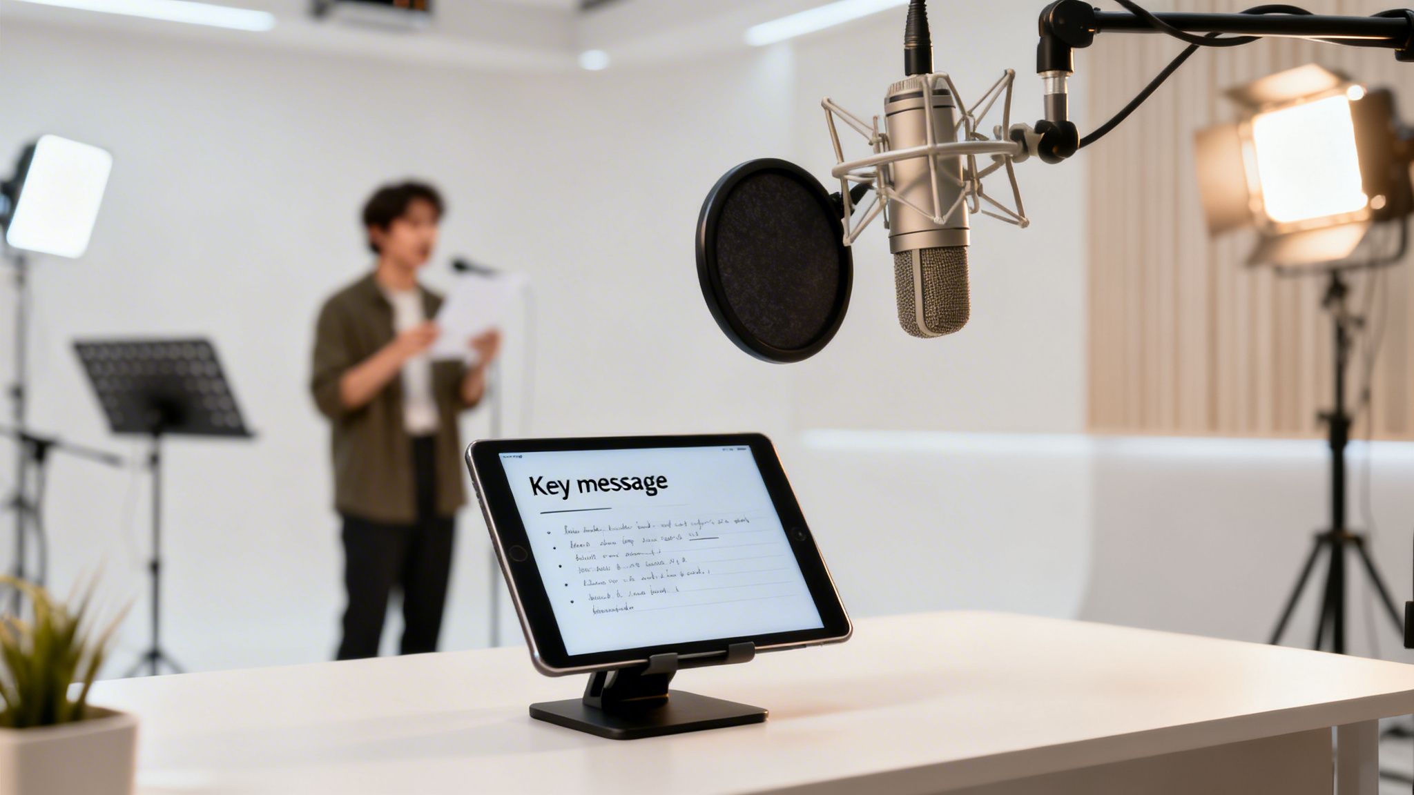 A recording studio setup with a microphone, a tablet displaying 'Key message', and a person speaking.