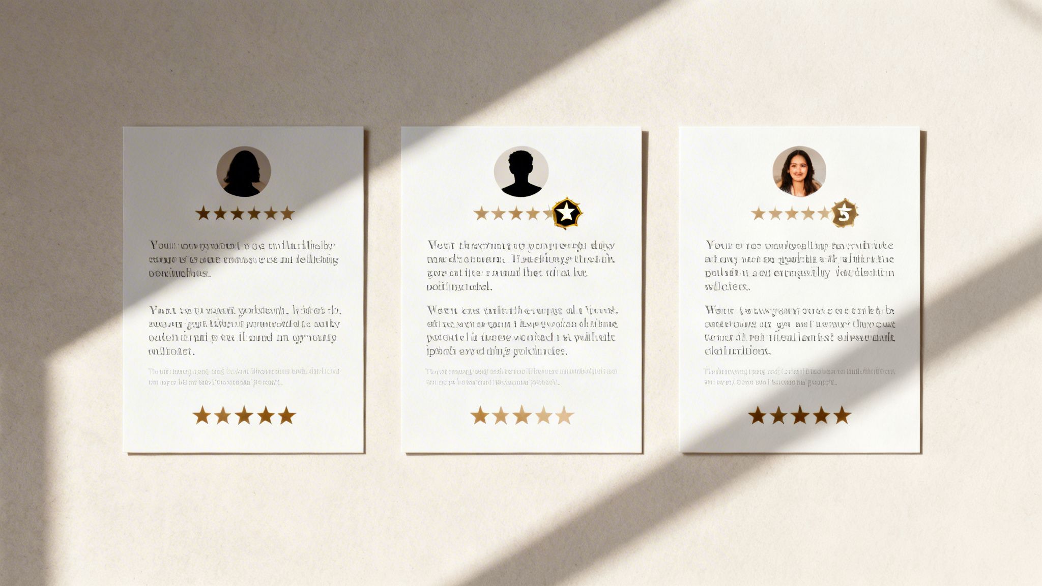 Three elegant customer review cards featuring ratings, user profiles, and golden stars.