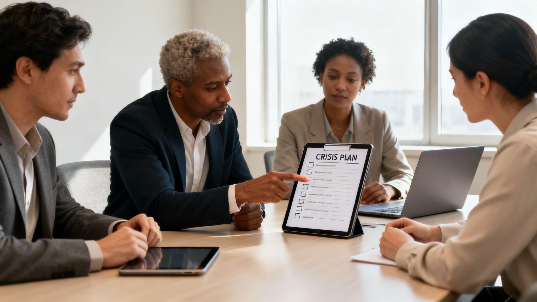 Diverse business professionals discuss a crisis plan on a tablet during a serious meeting.