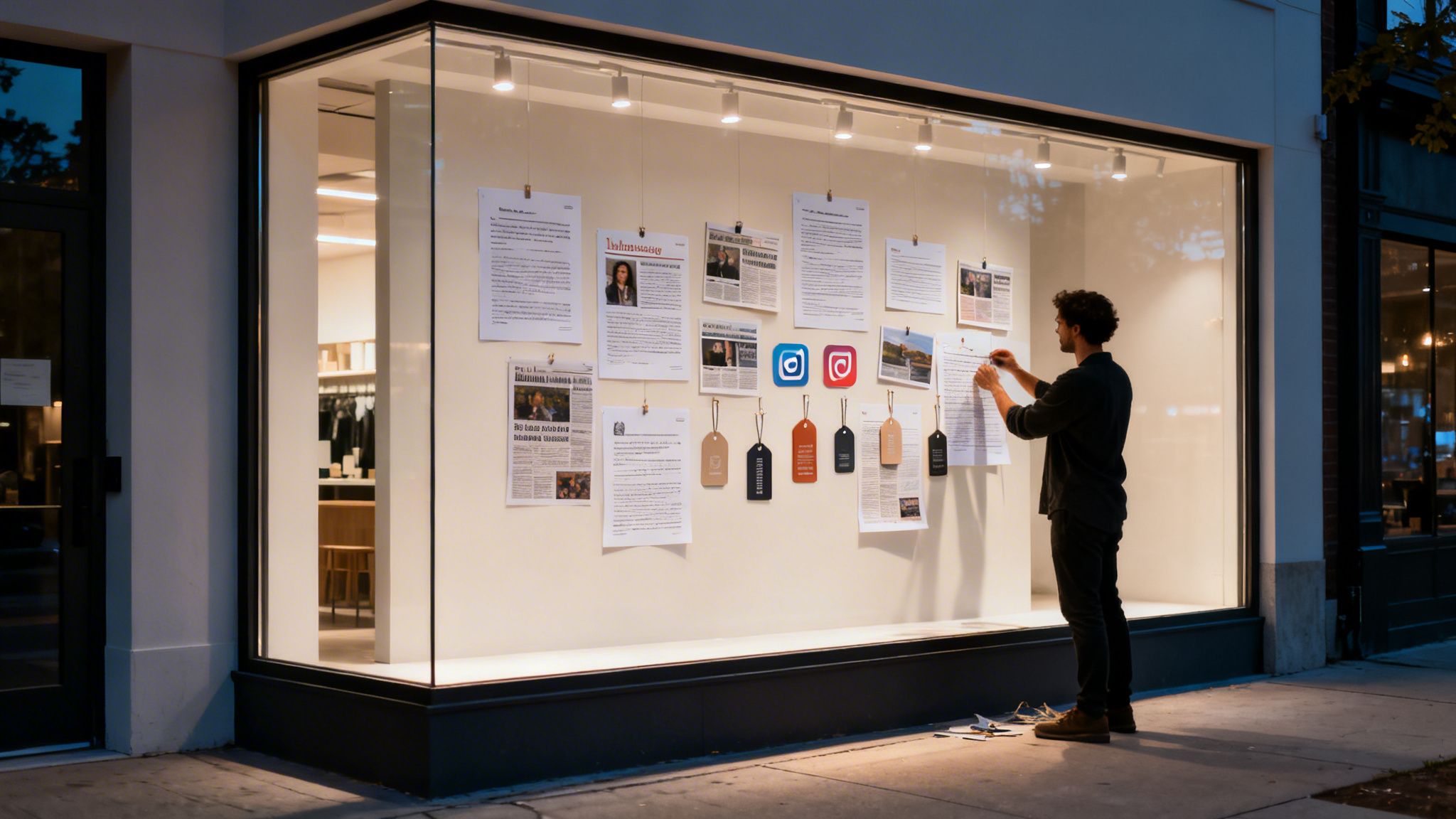A man arranges news articles, social media logos, and tags in a bright storefront window display.