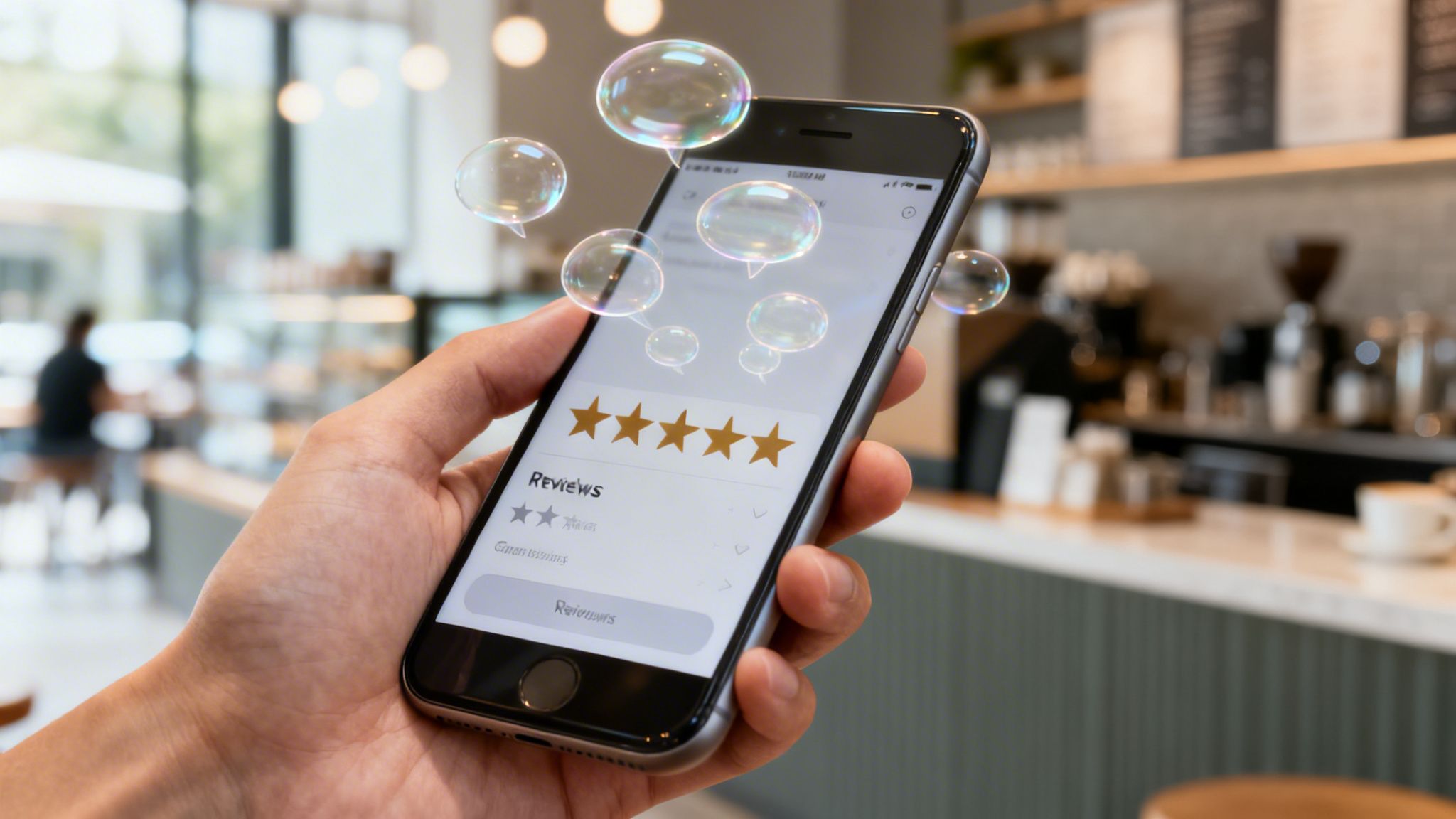 Hand holding smartphone displaying five-star reviews, with chat bubbles floating above in a cafe setting.