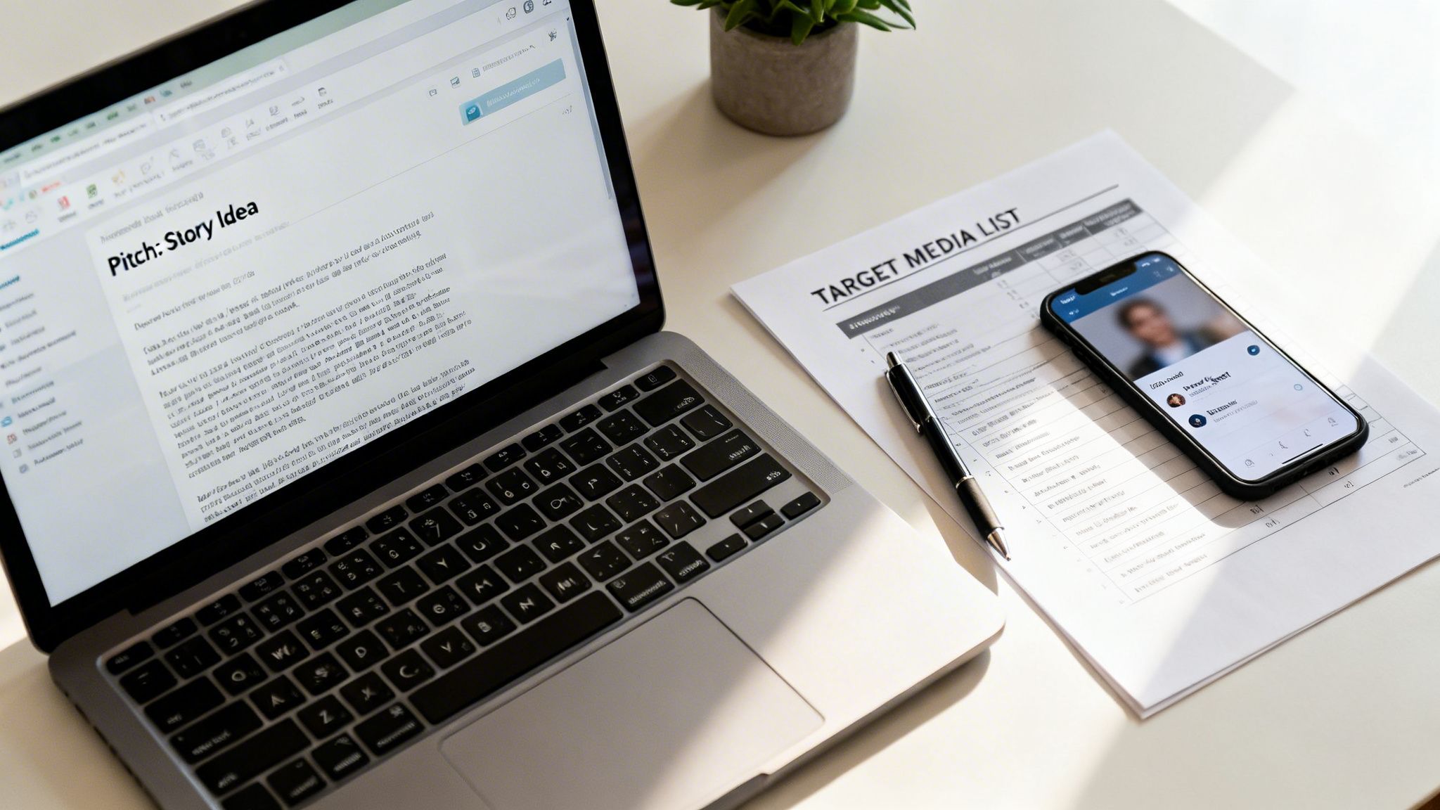 A laptop displaying a story pitch, a media list document, a pen, and a smartphone on a clean white desk.