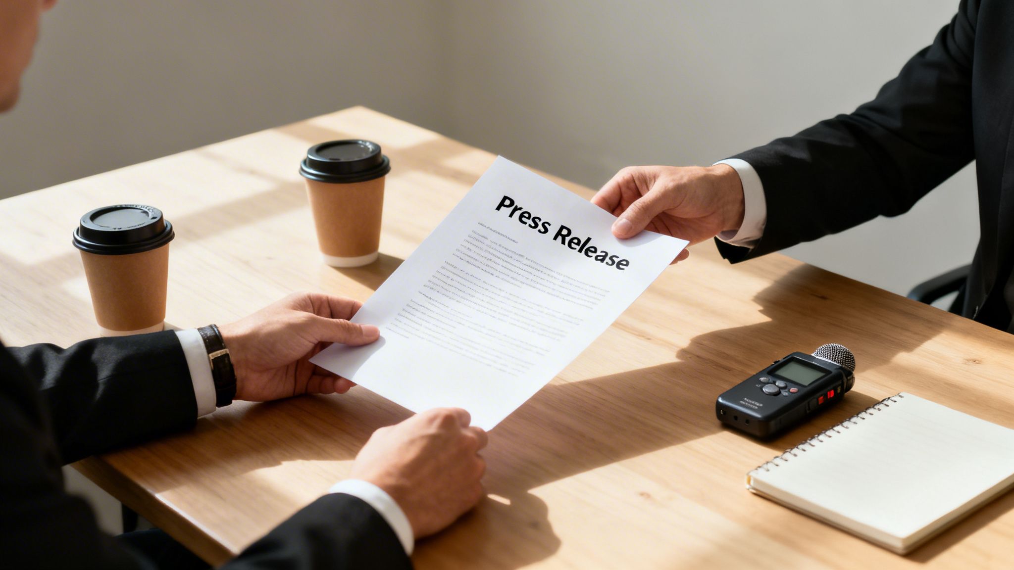 Two business professionals exchanging a press release document on a wooden desk with coffee and recorder.