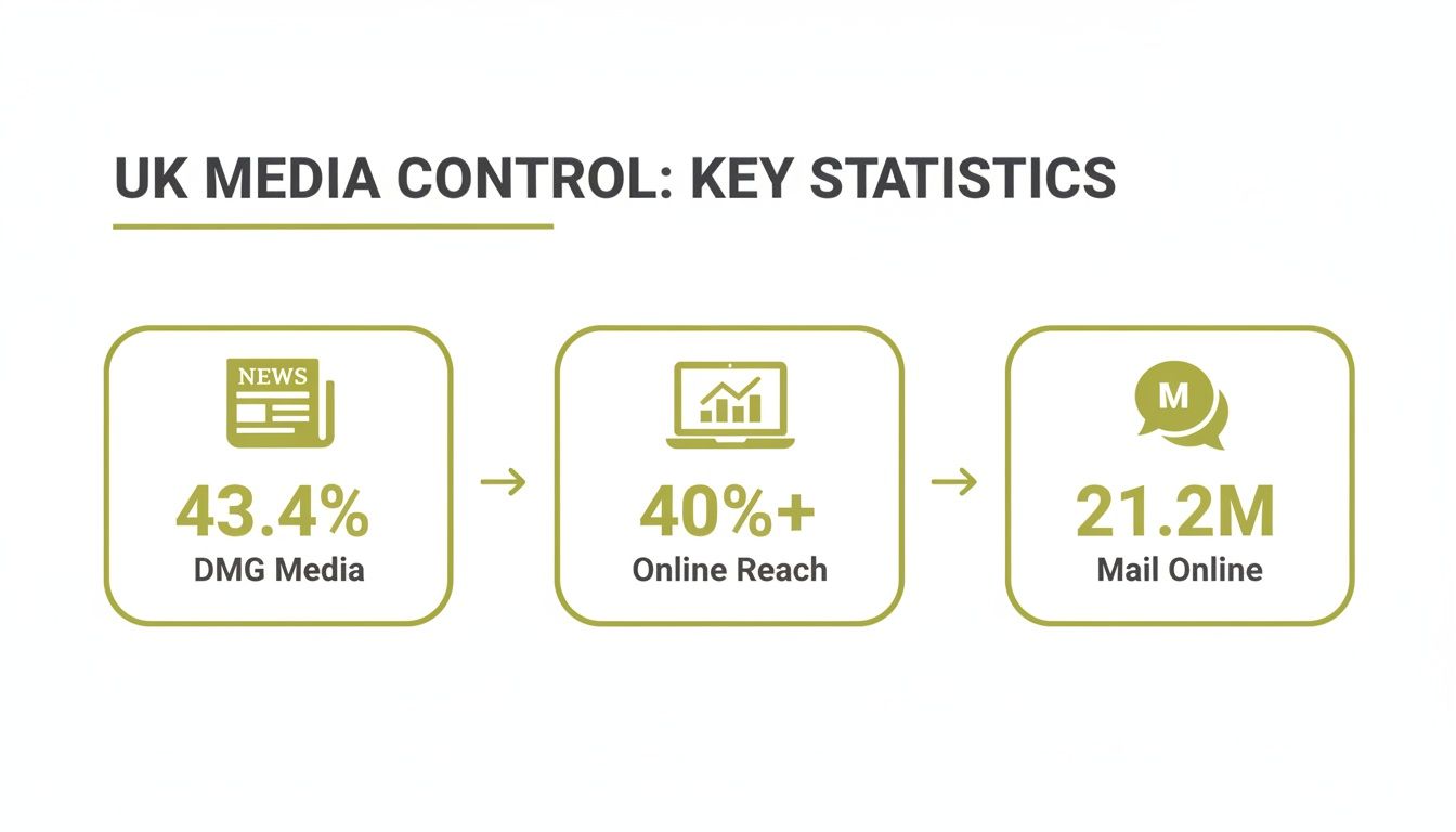 Infographic on UK media control statistics, detailing DMG Media's 43.4% share and 40%+ online reach.