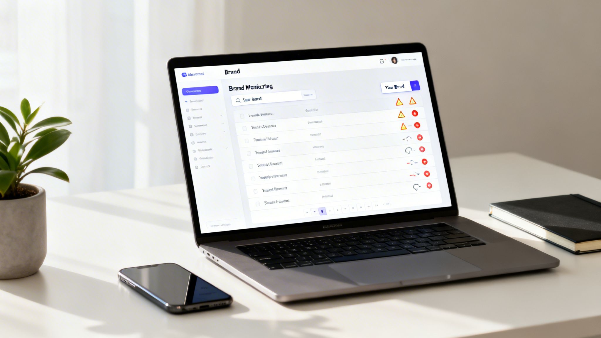 A modern workspace with a laptop displaying a brand monitoring dashboard, a smartphone, and a plant.