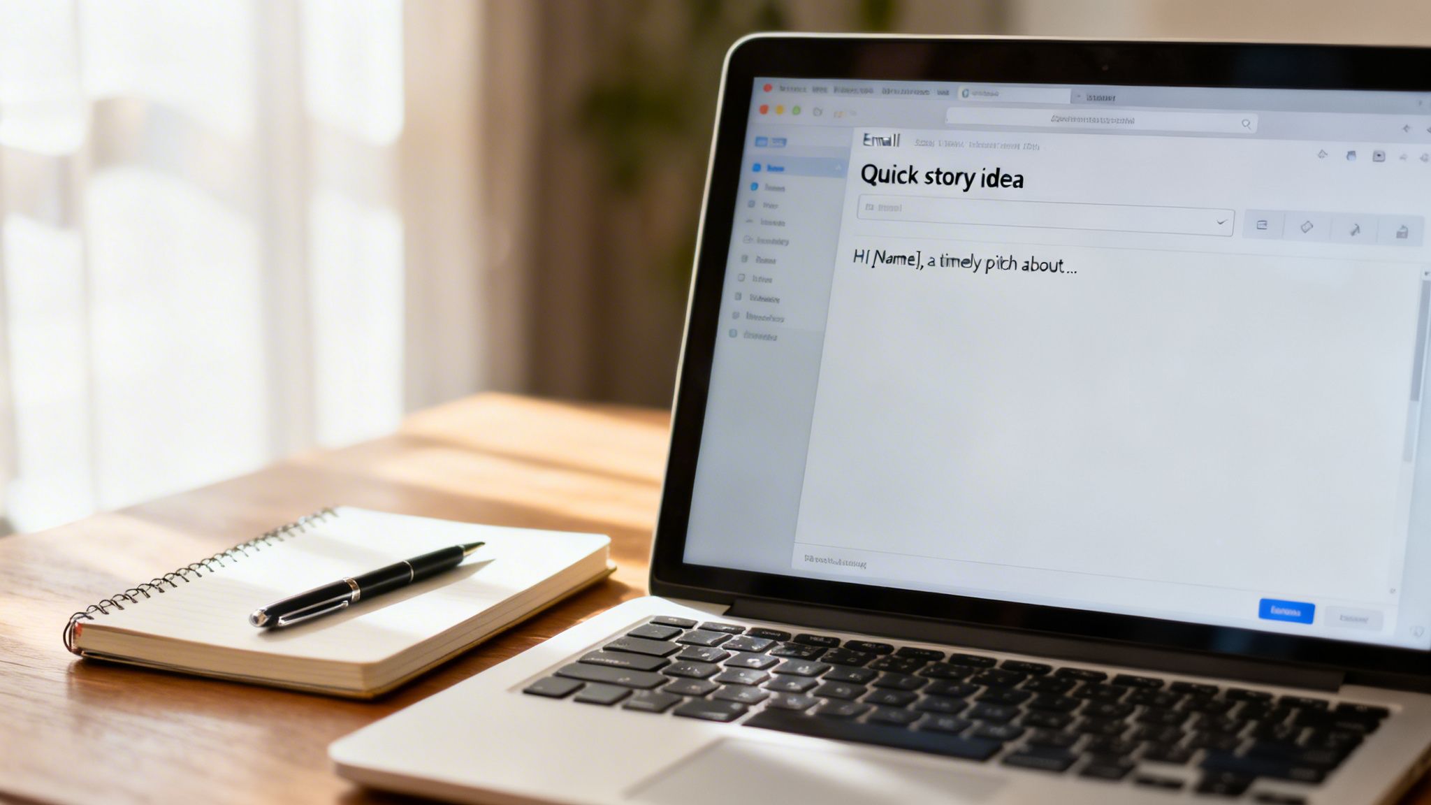 Close-up of a laptop with an email draft, a notebook and pen on a sunlit wooden desk.