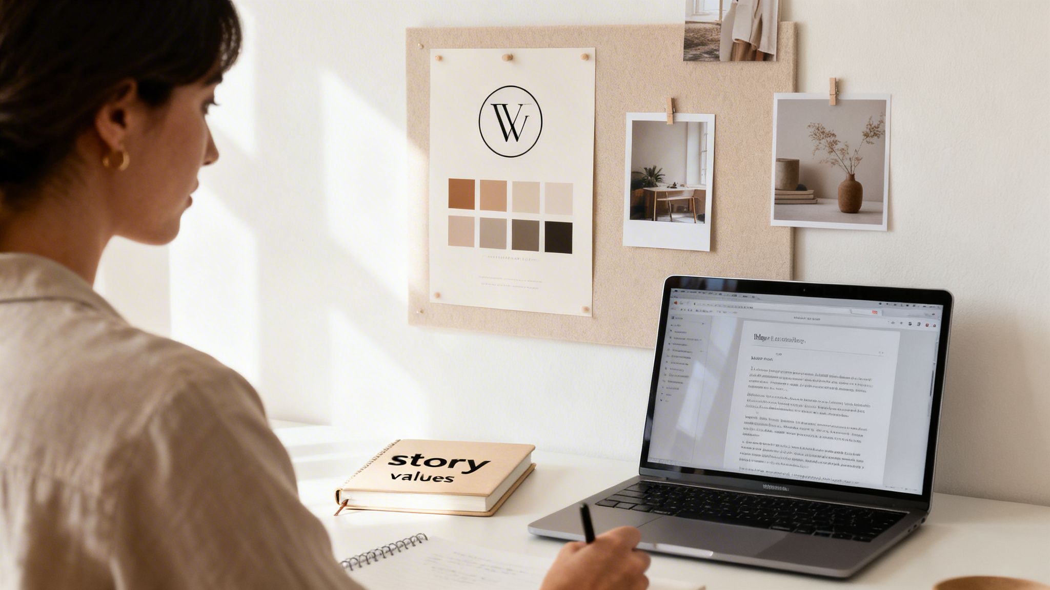 A woman writing in a notebook at a modern desk with a laptop and a creative mood board.