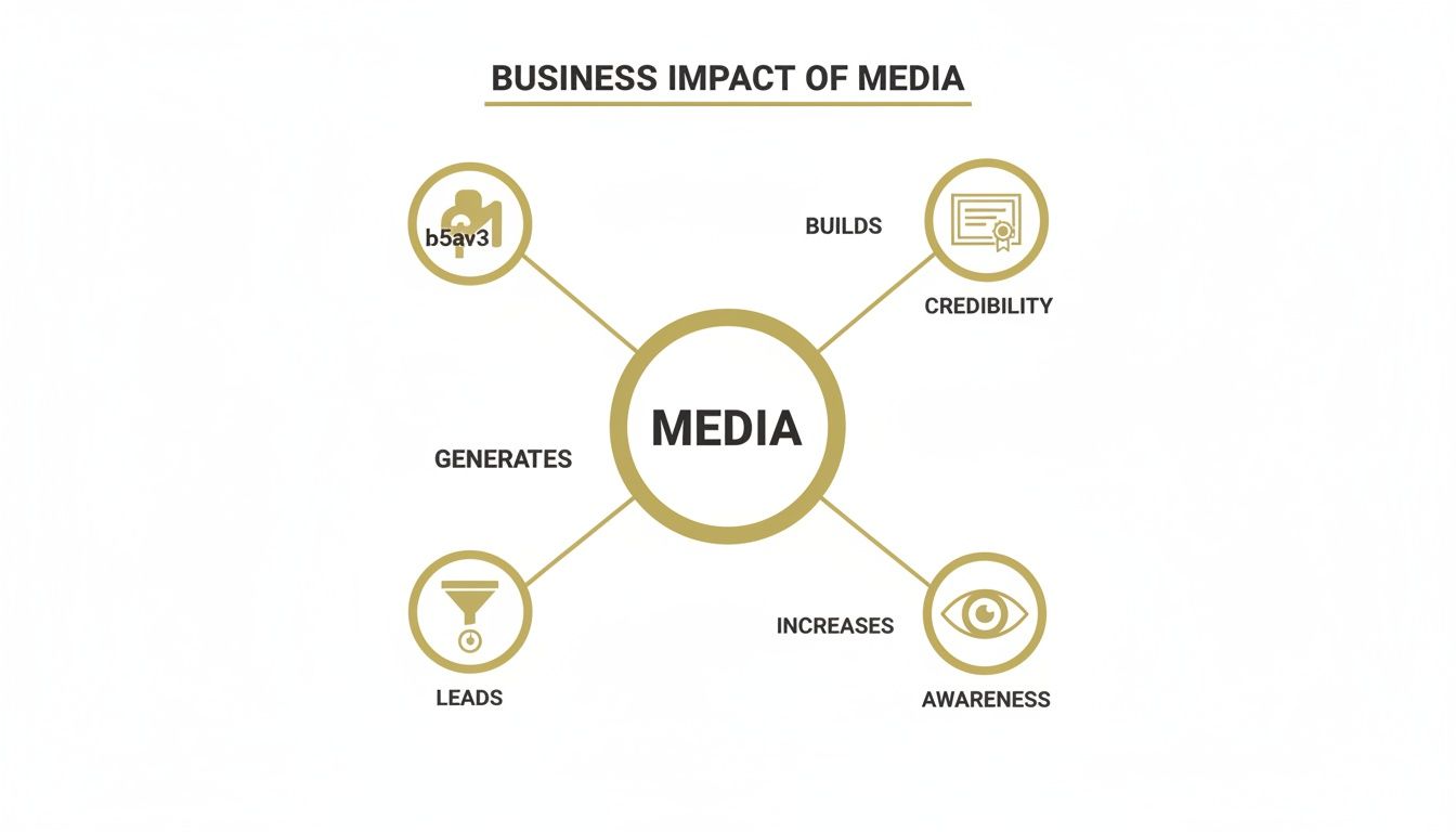 Diagram illustrating the business impact of media, showing it builds credibility, increases awareness, and generates leads.