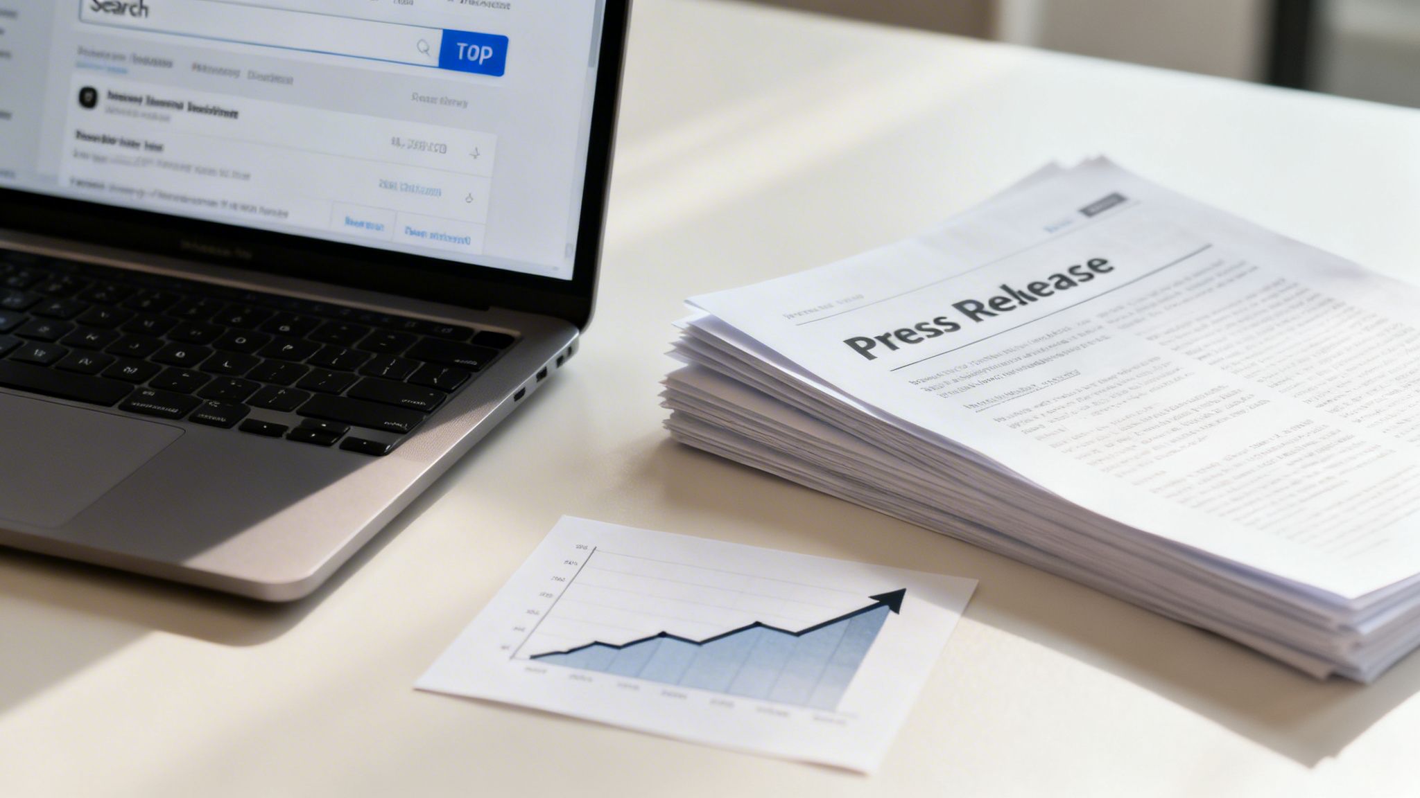 Laptop, press releases, and a growth chart on a white desk, symbolizing business communication and analysis.