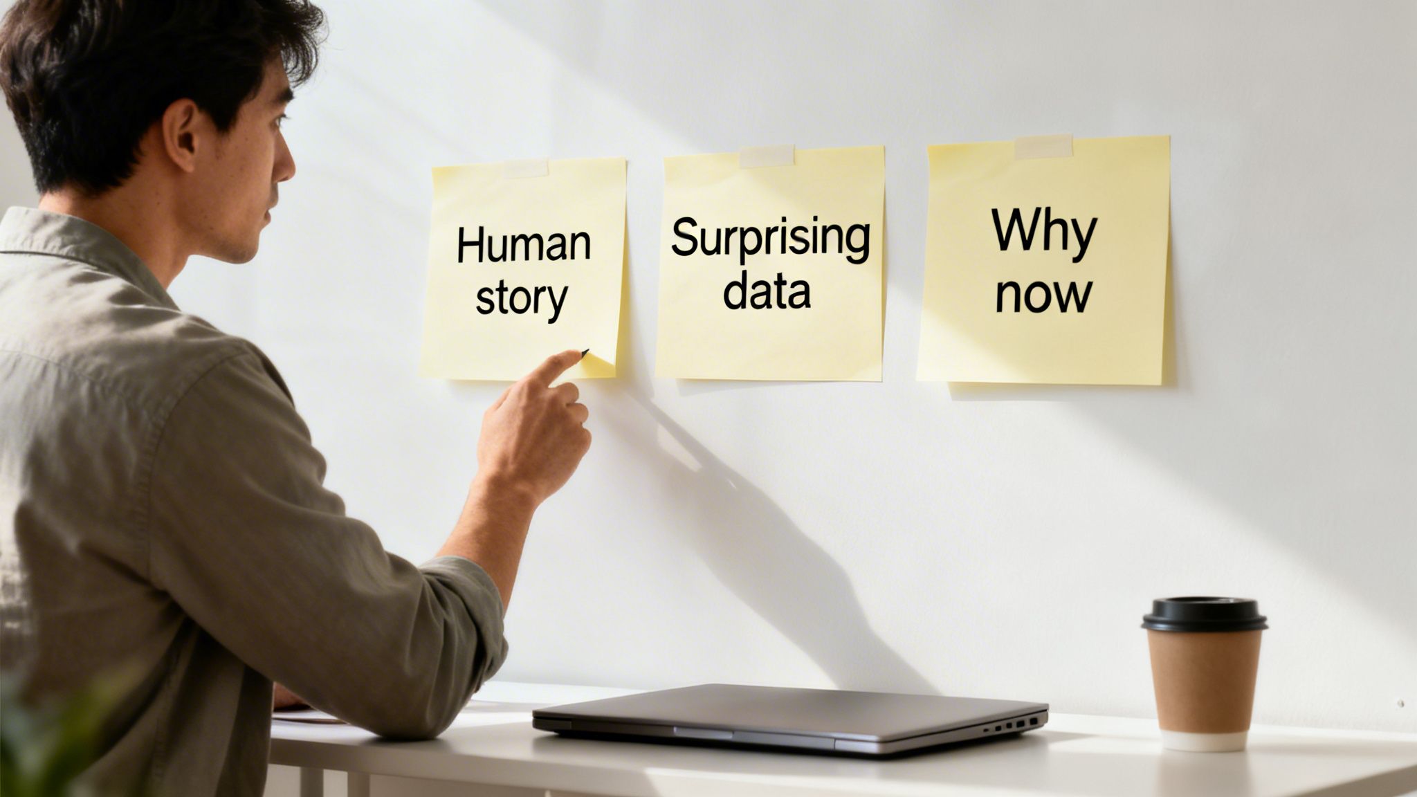 Man points at sticky notes on a wall, labeled 'Human story', 'Surprising data', and 'Why now'.