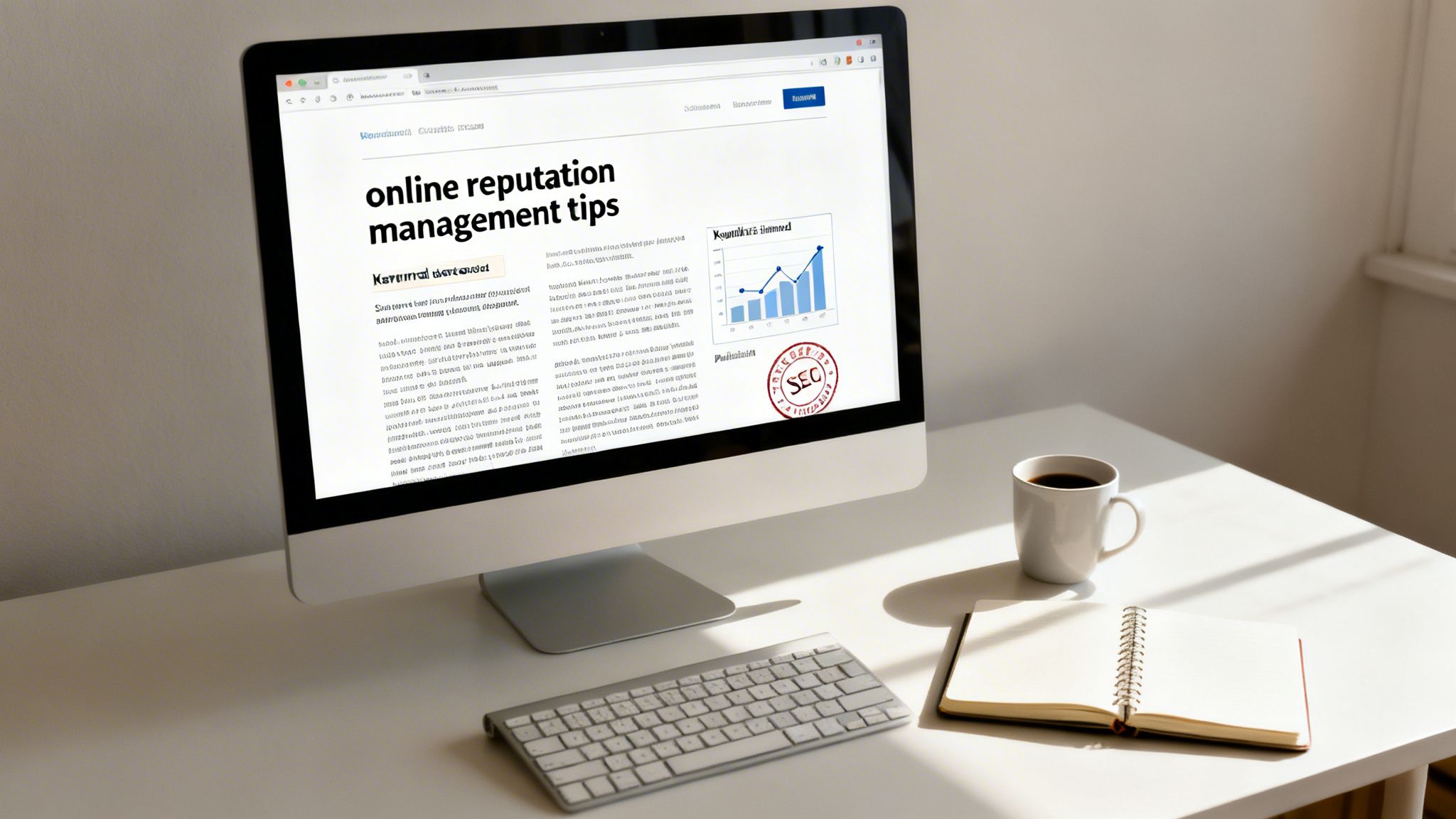 A computer monitor displays 'online reputation management tips' on a website, with a keyboard, coffee, and notebook on a white desk.