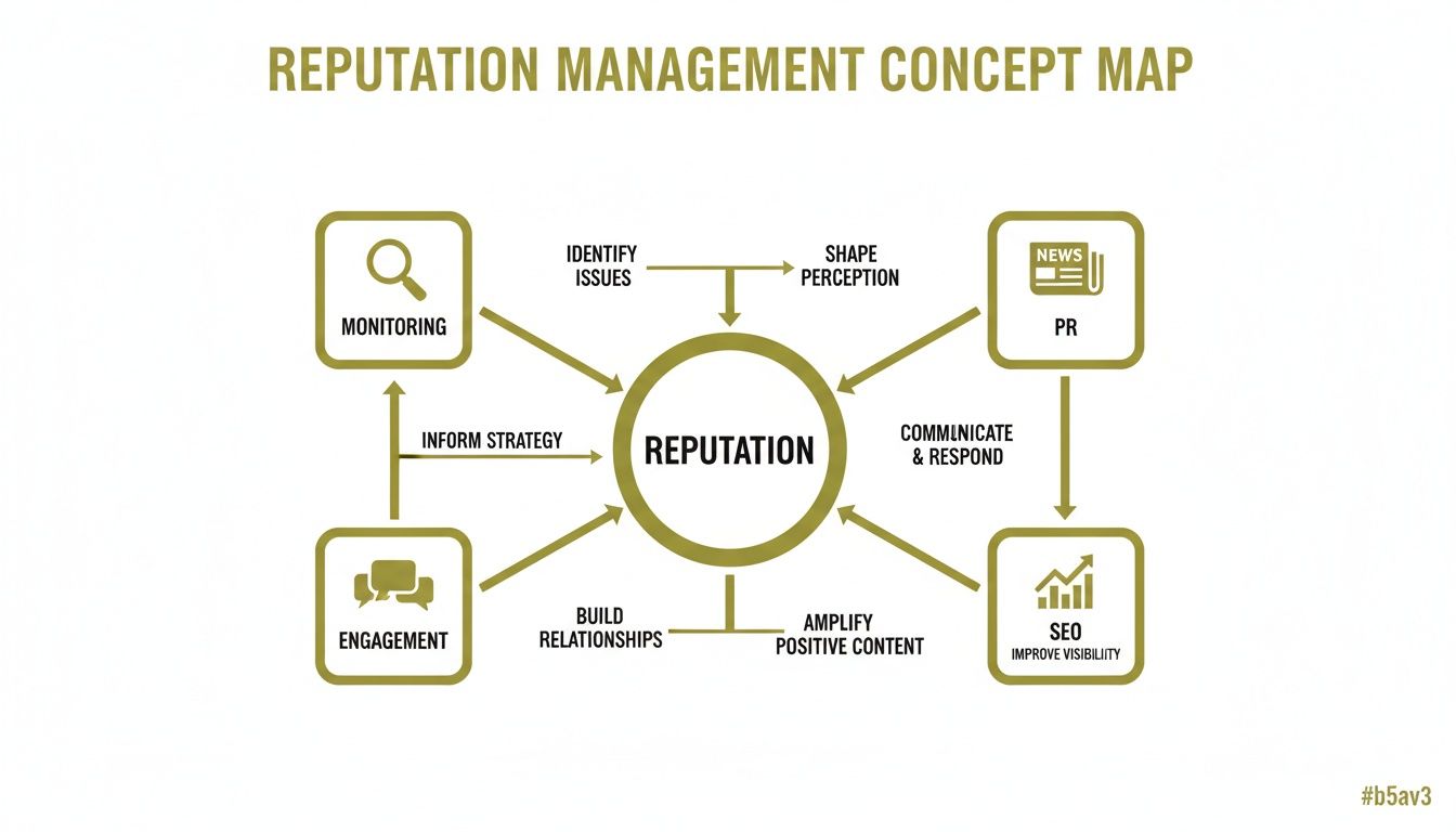 Reputation management concept map showing monitoring, PR, SEO, and engagement as key elements influencing reputation.