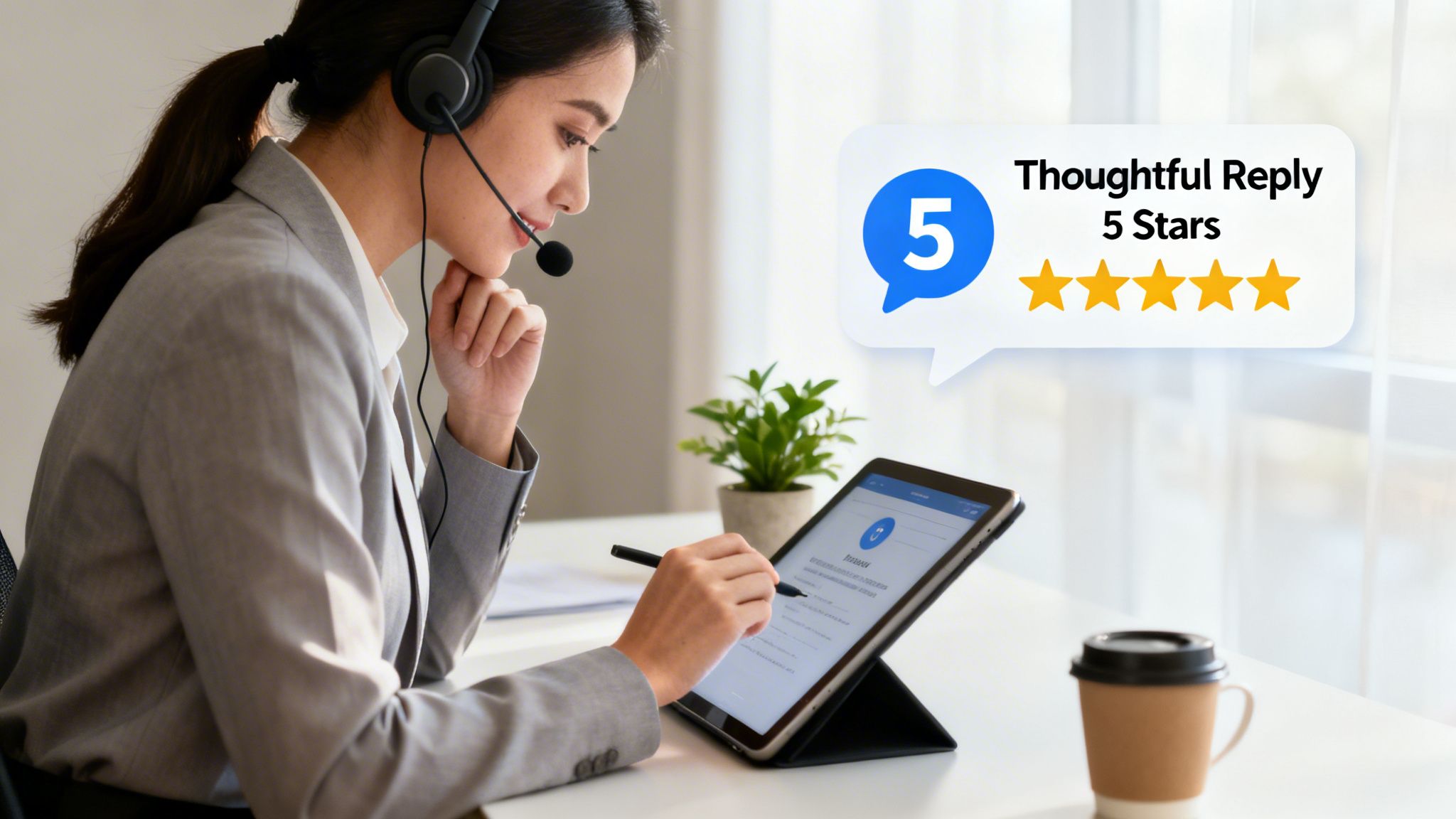 Customer service agent with a headset and tablet, receiving a five-star rating for a thoughtful reply.