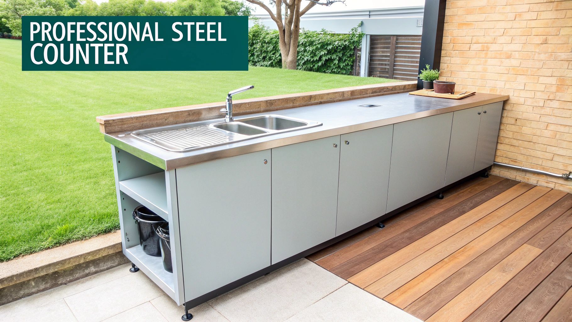 A modern, small kitchen with sleek stainless steel countertops and integrated sink.