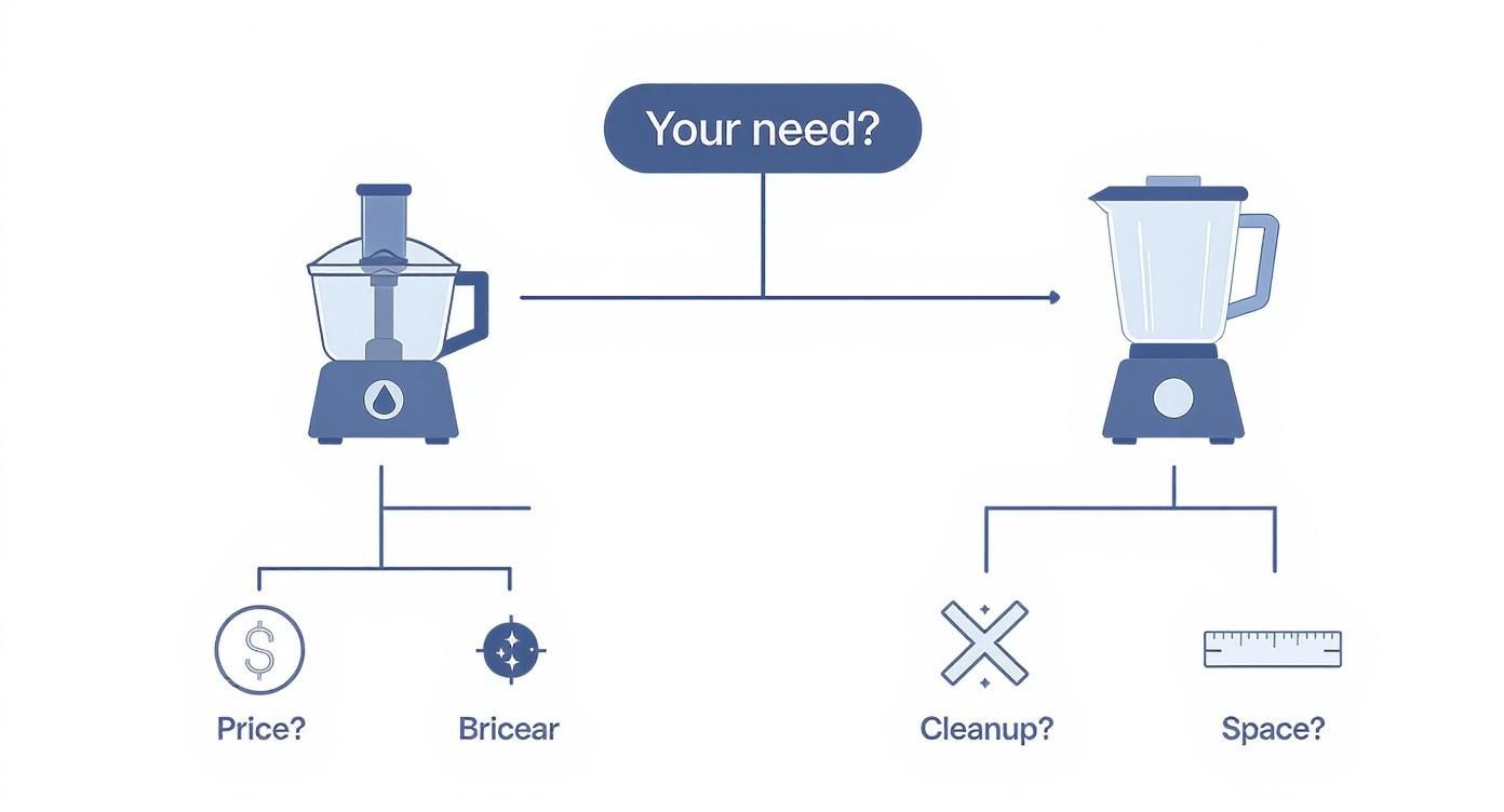 Infographic decision tree comparing a food processor vs blender based on needs like price, cleanup, and space.