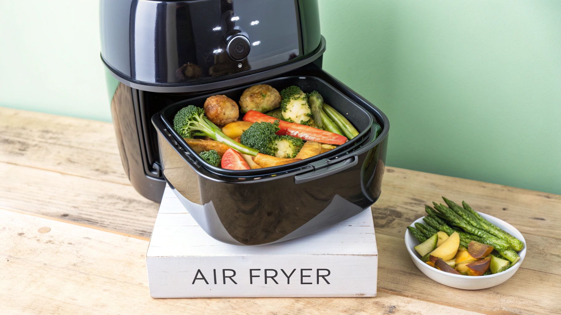 An air fryer basket filled with golden-brown french fries, showcasing the crisping effect of convection cooking.