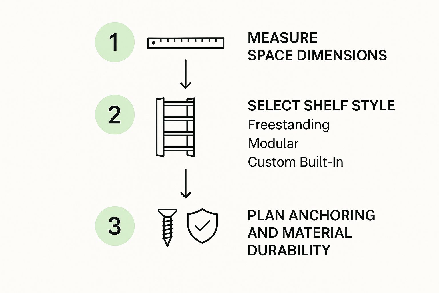 Infographic flowchart showing three steps: 1. Measure space dimensions; 2. Select shelf style (freestanding, modular, custom built-in); 3. Plan anchoring and material durability.