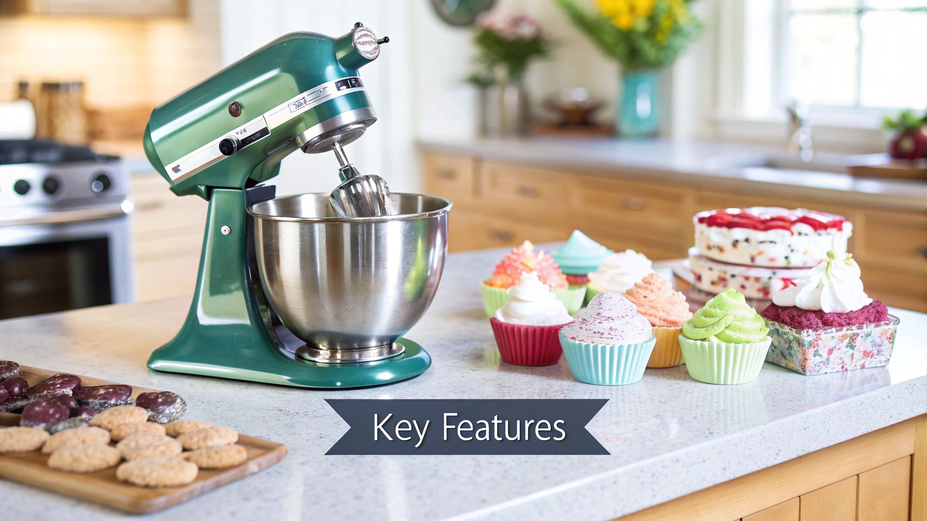 A close-up of a cake mixer's attachments on a kitchen counter.