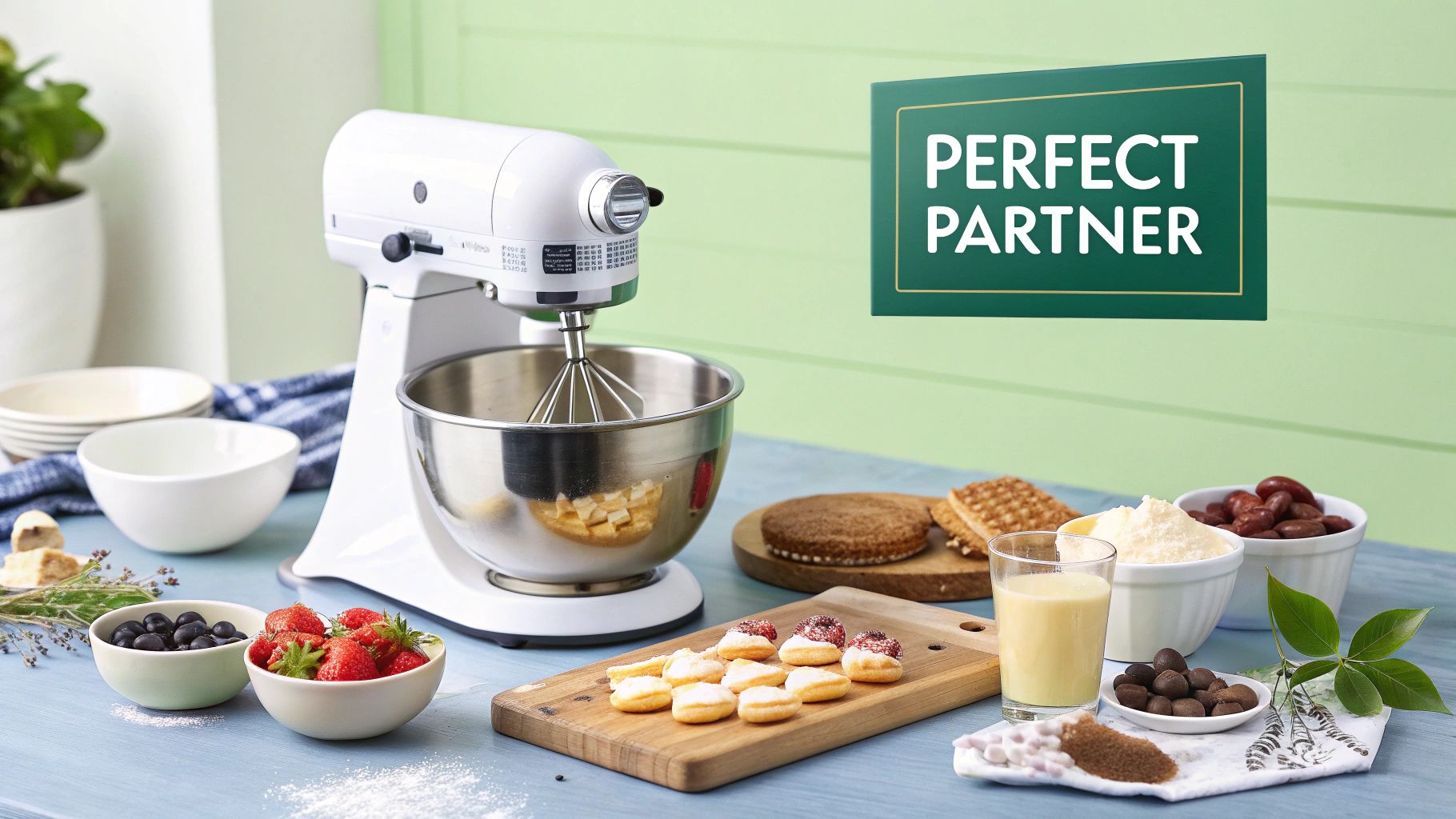 A modern cake mixer on a kitchen counter surrounded by baking ingredients.