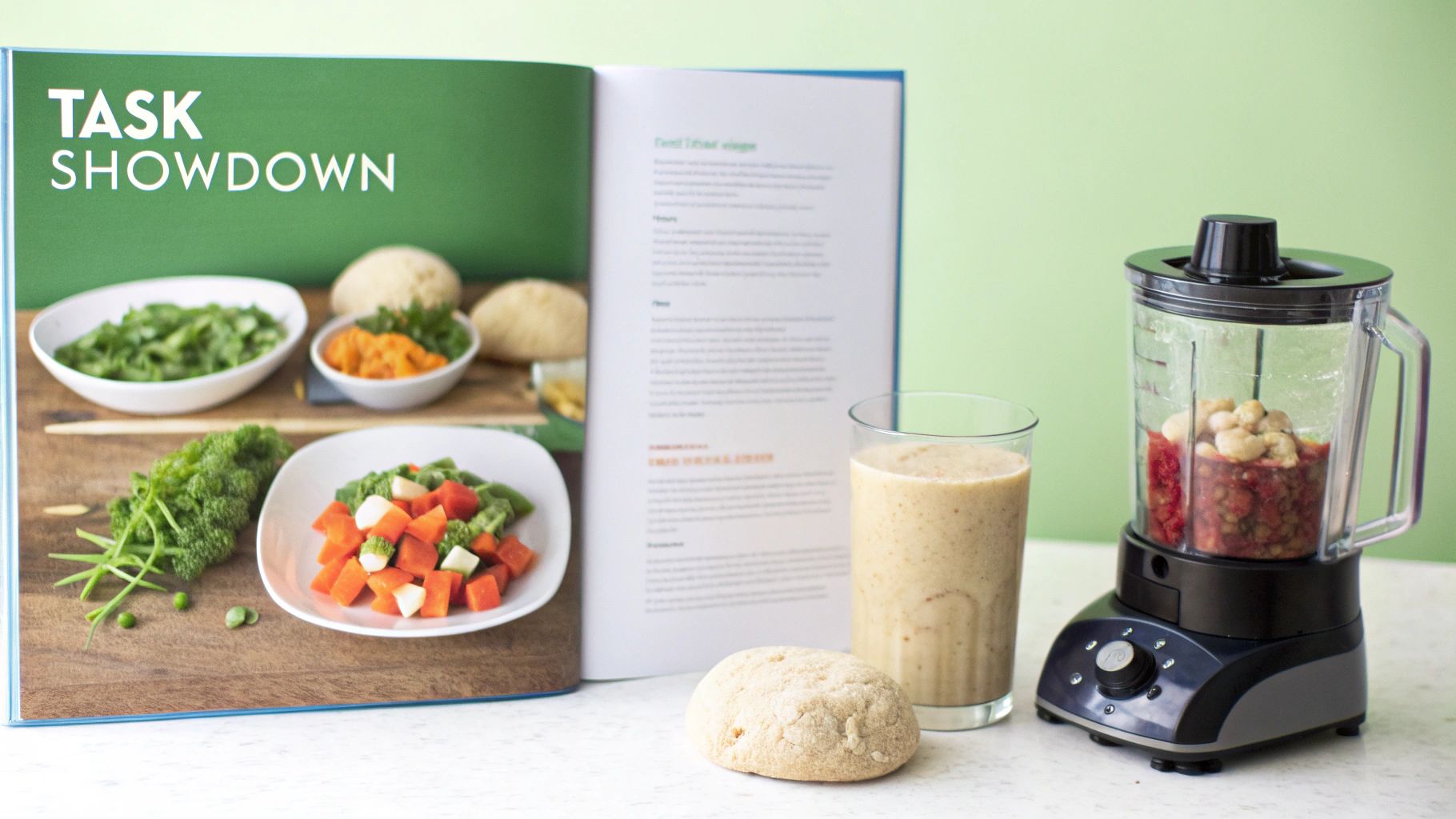 A selection of vibrant, freshly chopped vegetables in a food processor bowl next to a creamy green smoothie in a blender jar.