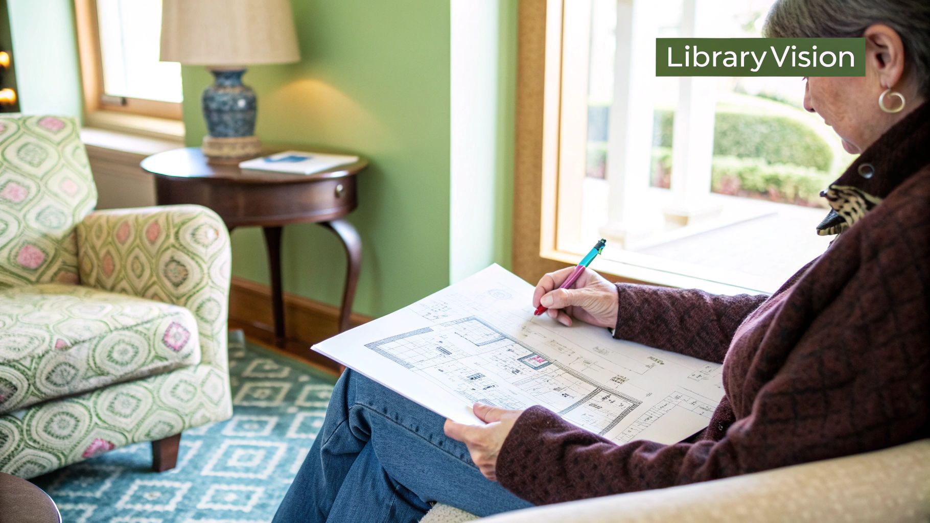 A well-lit, cozy home library with a comfortable armchair and floor-to-ceiling bookshelves.