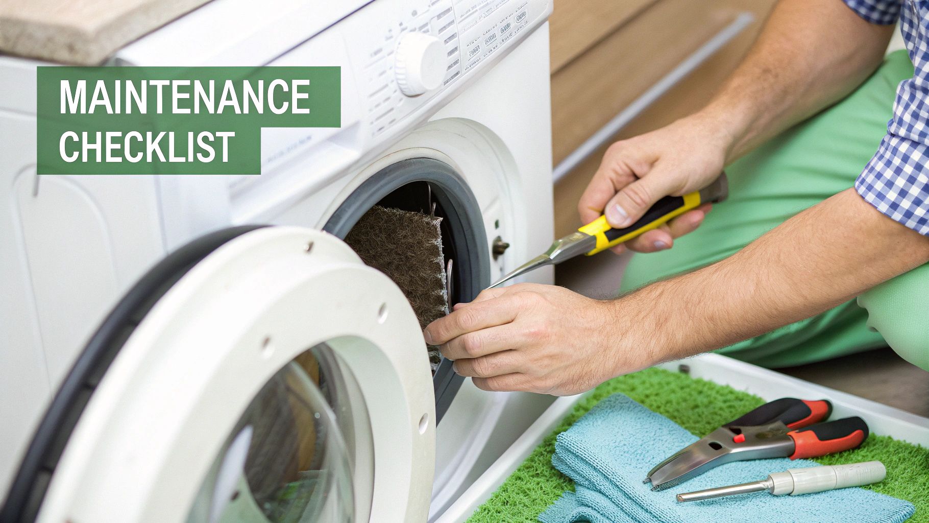 A person cleaning the lint filter of a stacked dryer unit.