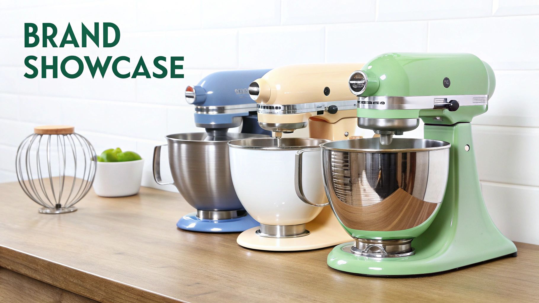 A colourful cake mixer on a kitchen bench with baking ingredients around it.