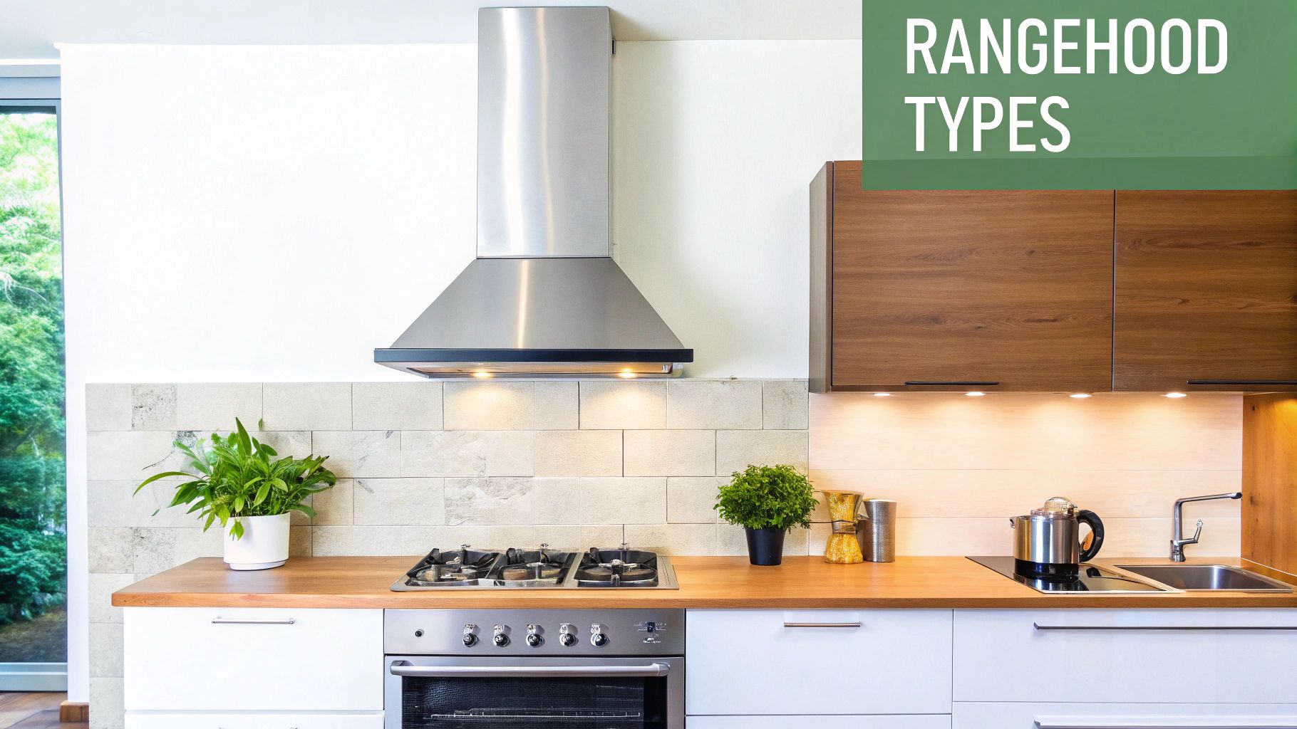 Modern kitchen with a stainless steel rangehood.