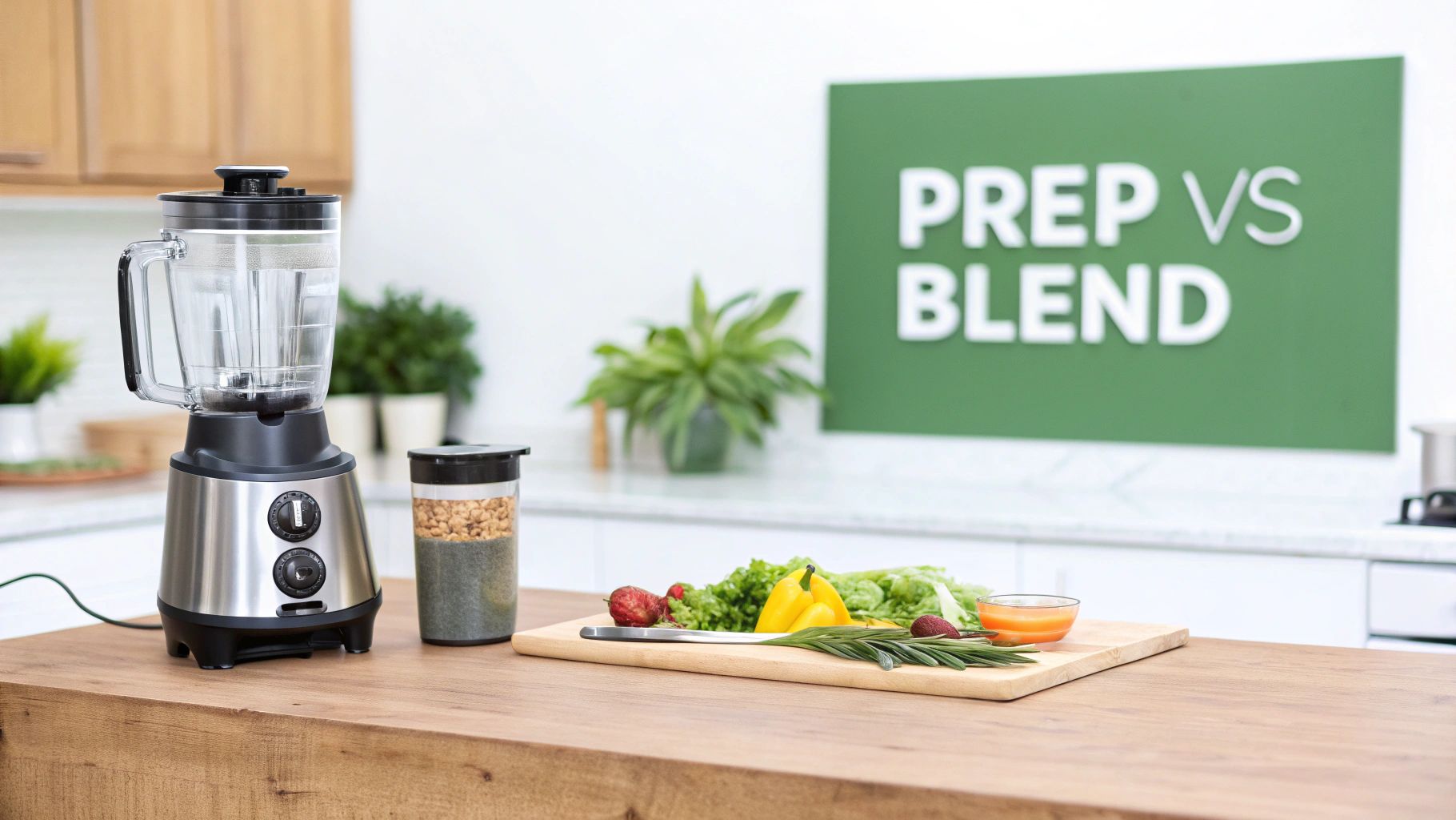 A side-by-side view of a modern food processor and a sleek blender on a kitchen counter, ready for use.