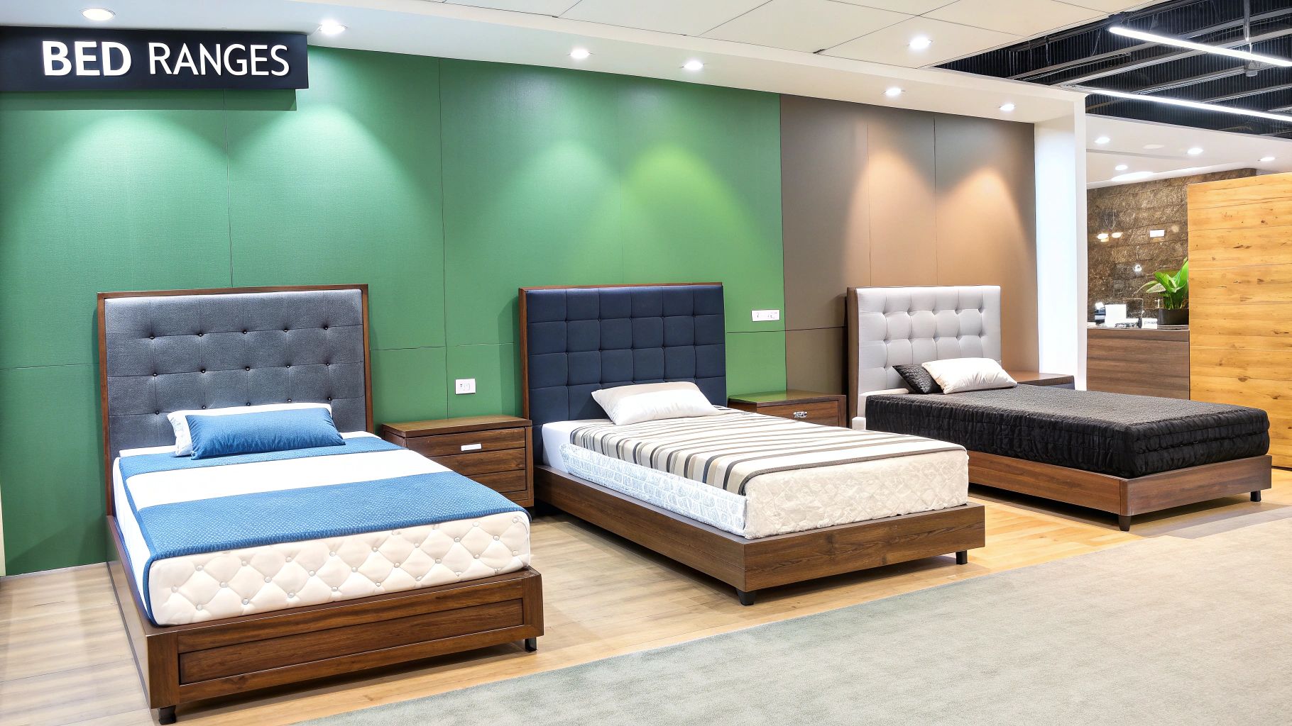 A person testing out a SleepMaker bed in a brightly lit showroom