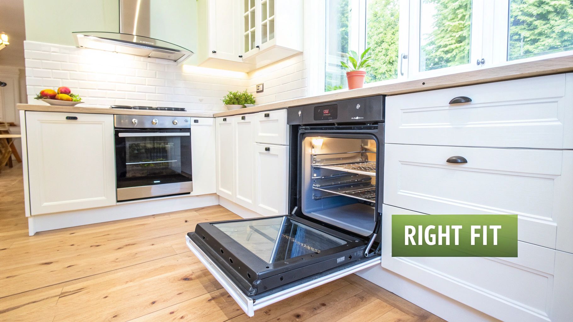 A person measuring kitchen cabinetry space for a new electric oven