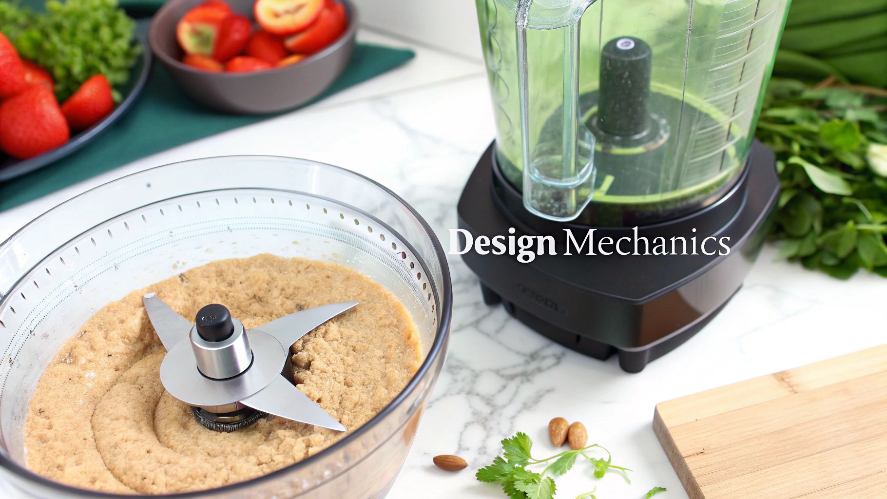 A close-up of a food processor's S-shaped blade and a blender's multi-pronged blade, highlighting their different designs.