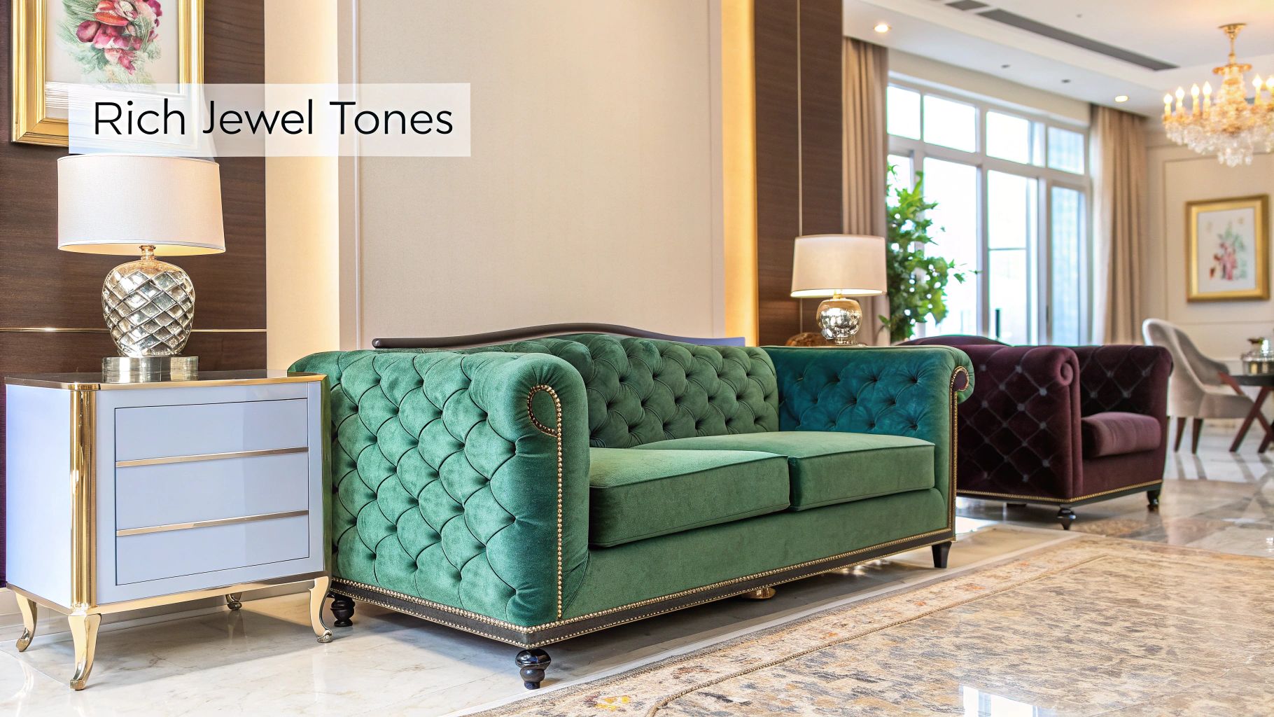 A maximalist living room with a bold emerald green sofa and sapphire blue accents.