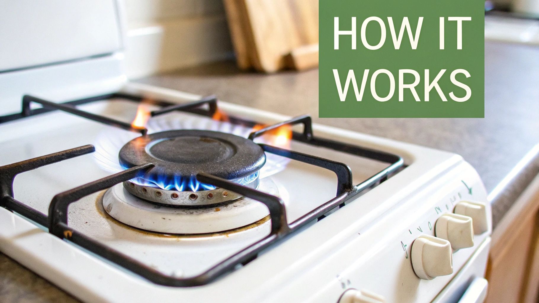 A modern gas stove top with four burners and cast iron grates, showing clean blue flames.