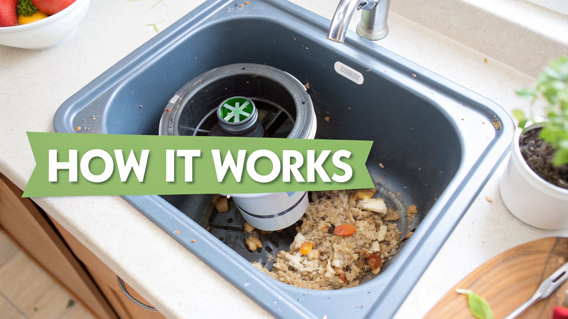 Woman using a waste disposal unit in a modern kitchen sink