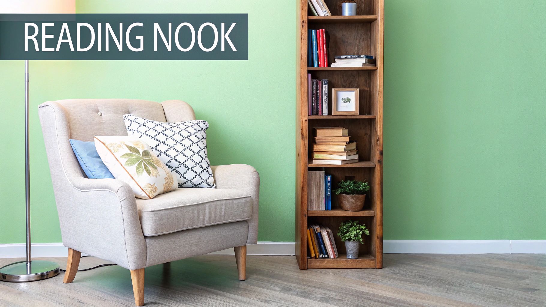 A cosy reading nook with layered lighting, a comfortable armchair, and personal decor touches.