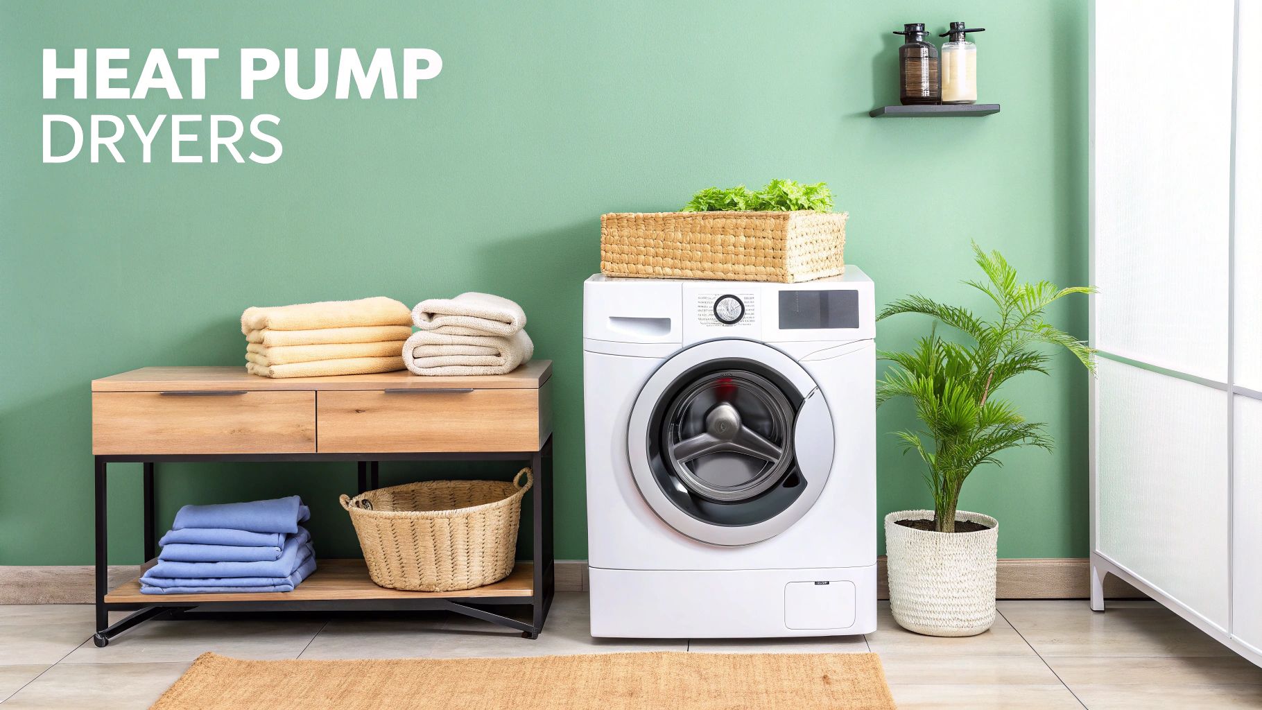 A modern heat pump dryer in a laundry setting