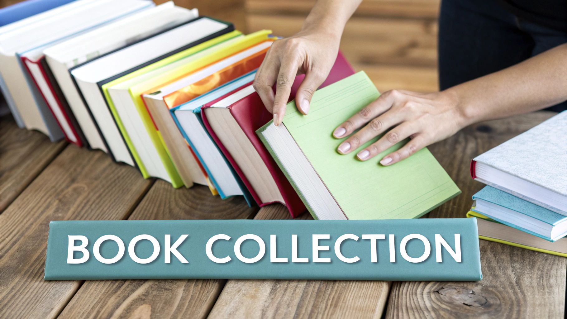A person's hands carefully selecting a book from a well-organised, colourful bookshelf.