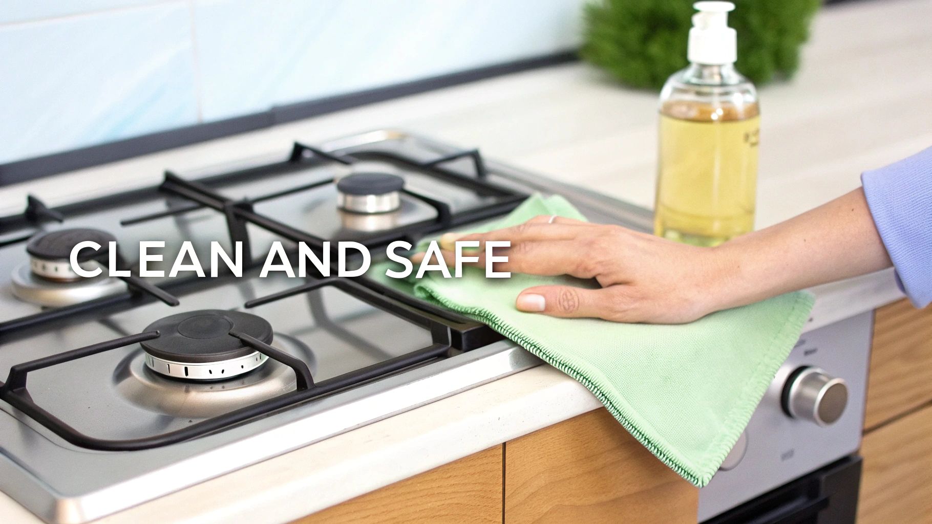 A person wearing yellow gloves carefully cleaning a stainless steel gas stove top.