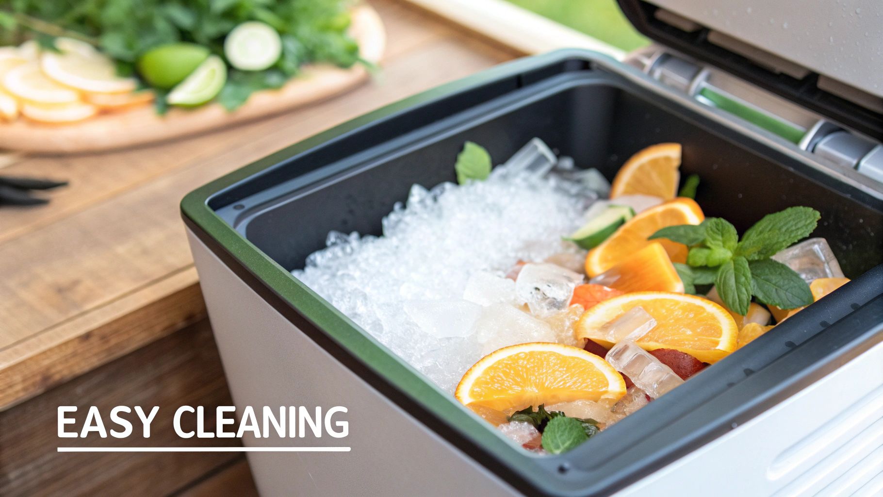 A person cleaning a kitchen sink with a citrus peel, implying freshness for the waste disposal unit.