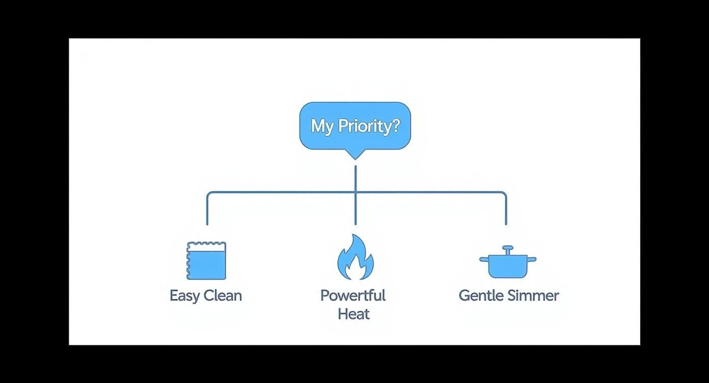 An infographic decision tree helping users choose a gas burner based on their priority, showing options for Easy Clean, Powerful Heat, and Gentle Simmer.