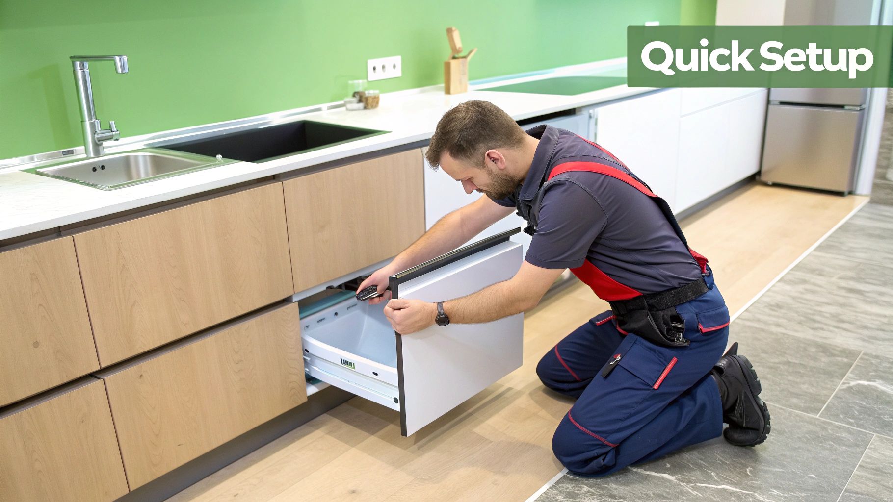 A person measuring a kitchen cabinet space for a new single dishdrawer.