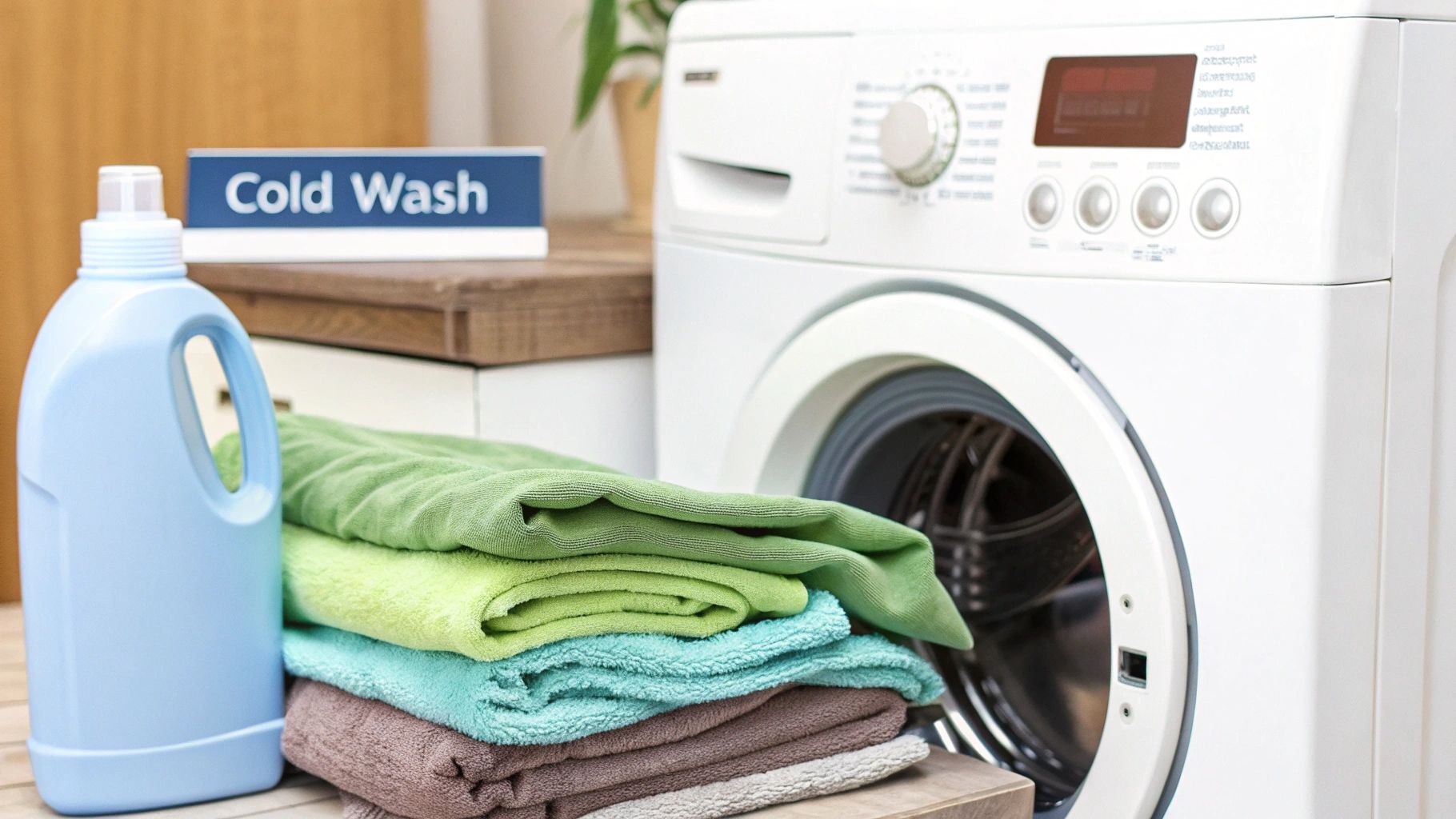 A modern washing machine with clothes inside, highlighting the cold wash setting.