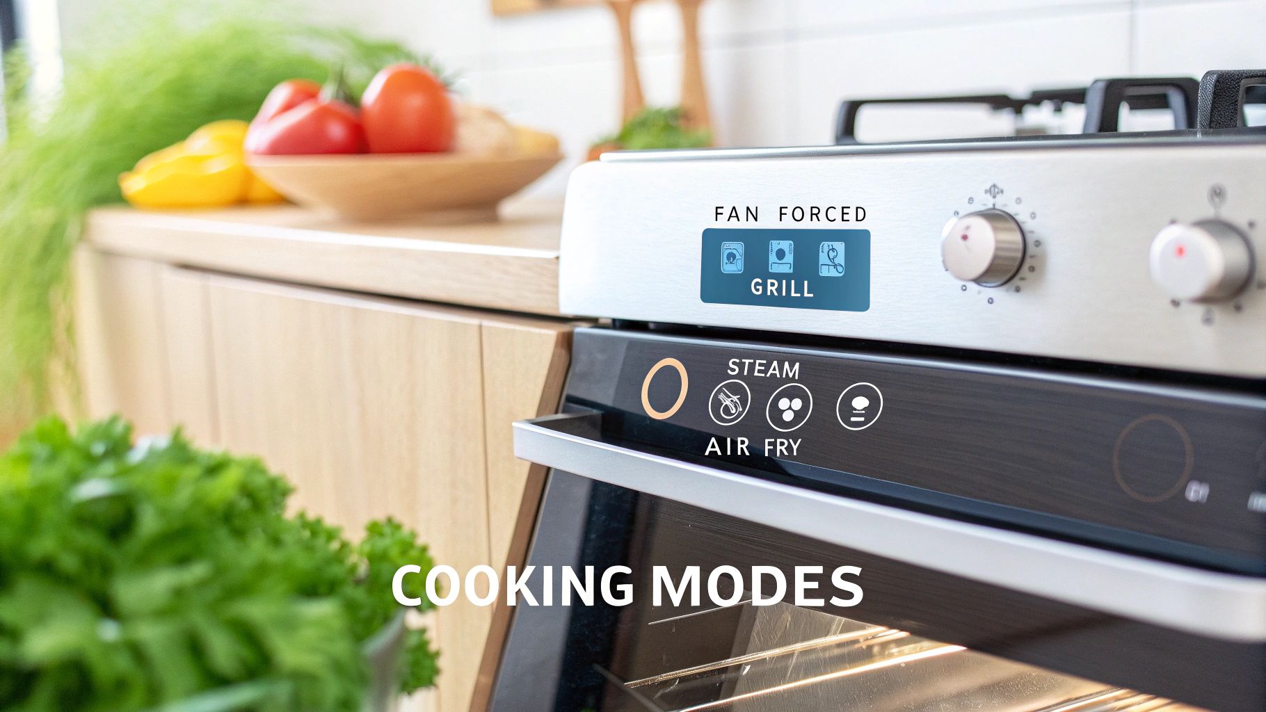 A modern electric oven showcasing multiple cooking functions on its display panel