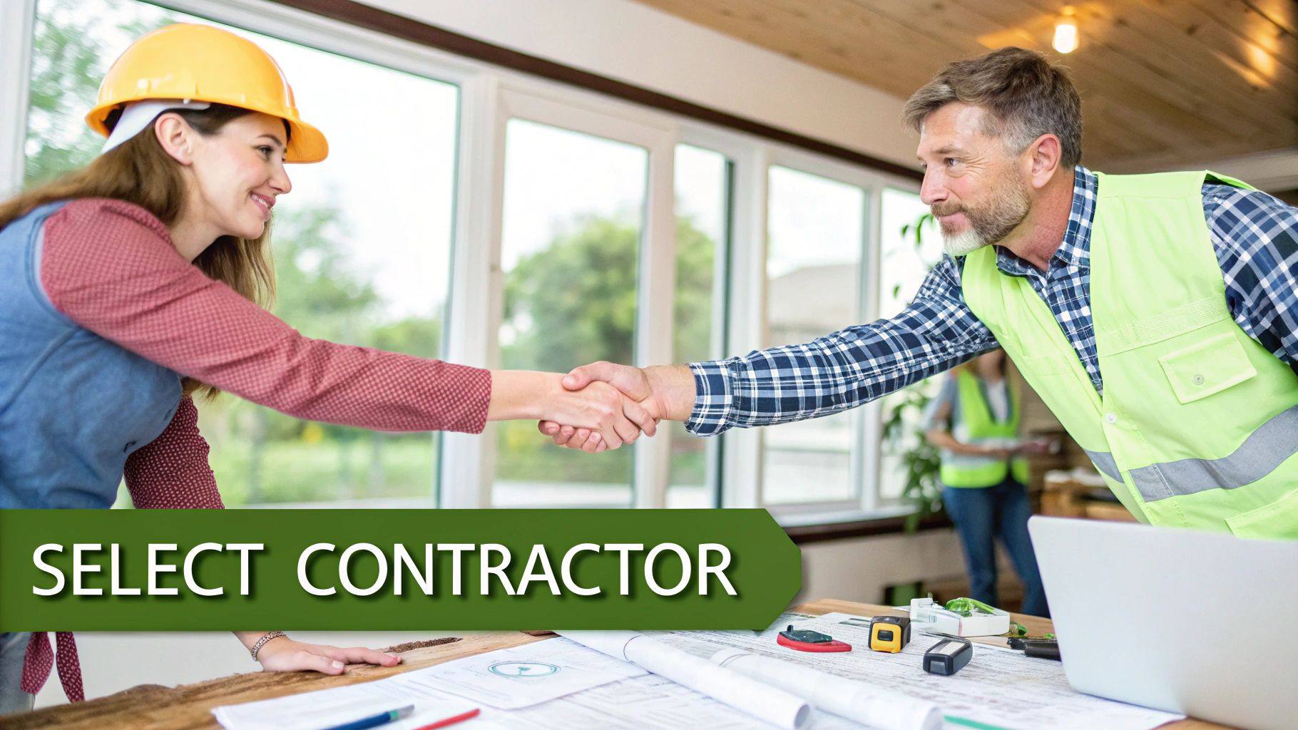 A team of construction workers and an architect collaborating on a home renovation site.
