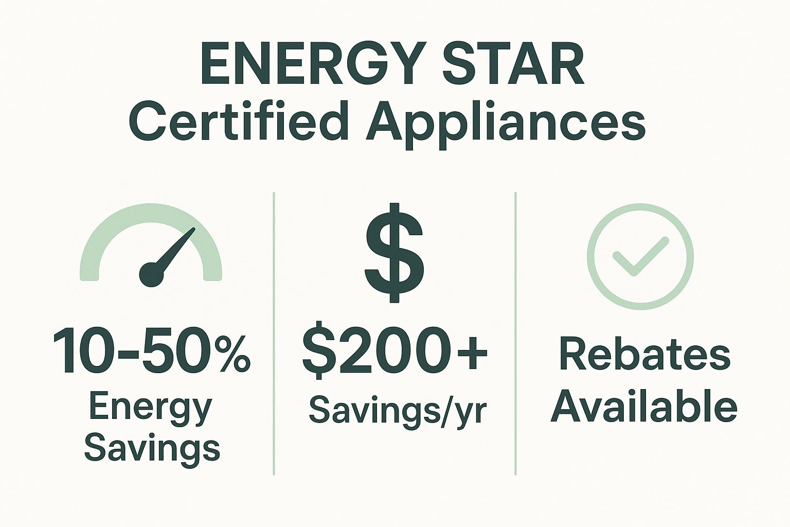 Infographic showing key data about ENERGY STAR certified appliances, including 10-50% energy savings, over $200 in annual savings, and rebate availability.