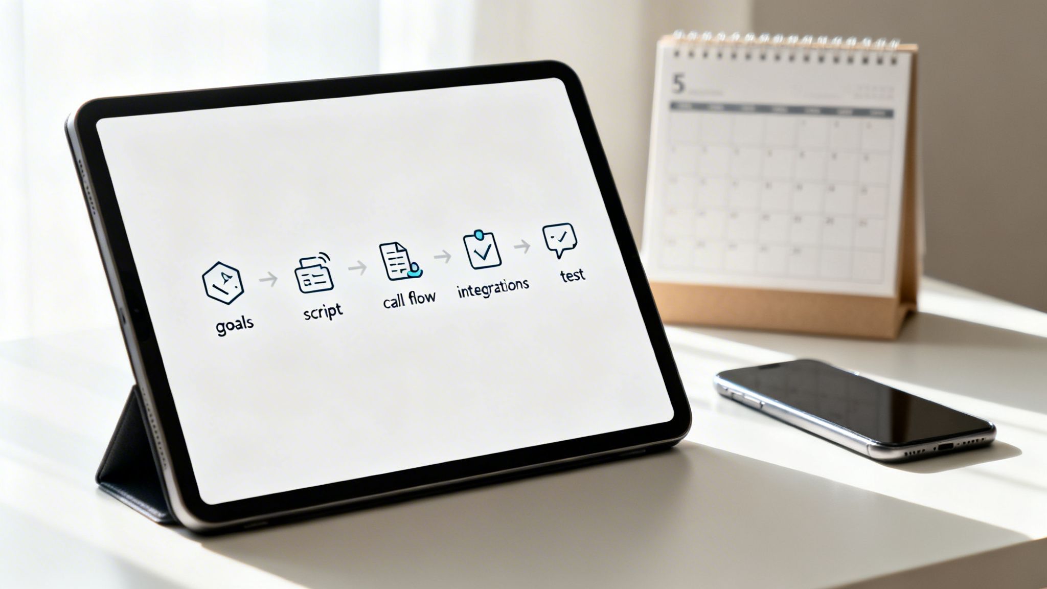 Digital tablet displaying a business workflow diagram next to a calendar and smartphone on a desk.